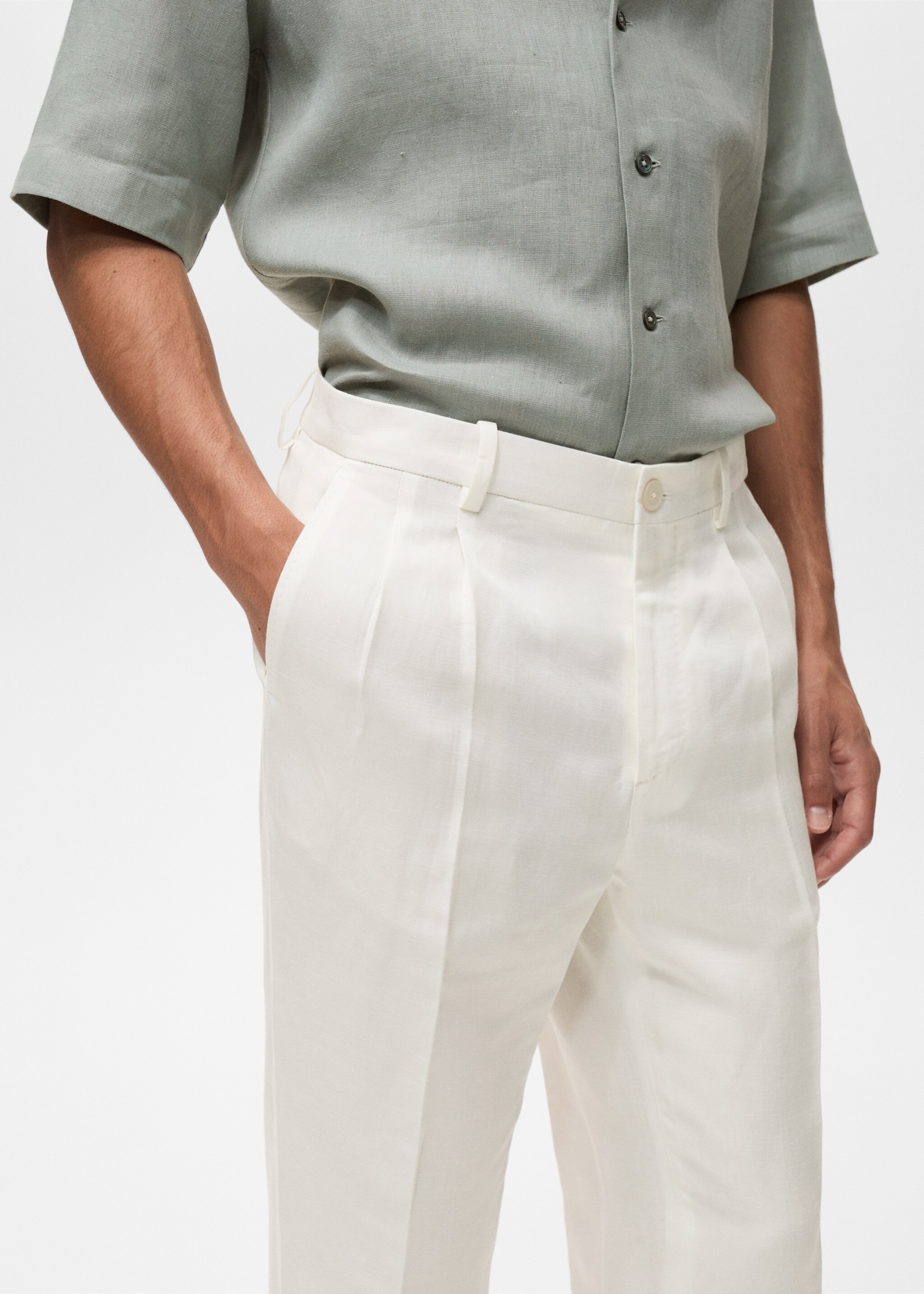 Linen-blend pleated trousers - Details of the article 1, Off White. Ref: 87017895-00.