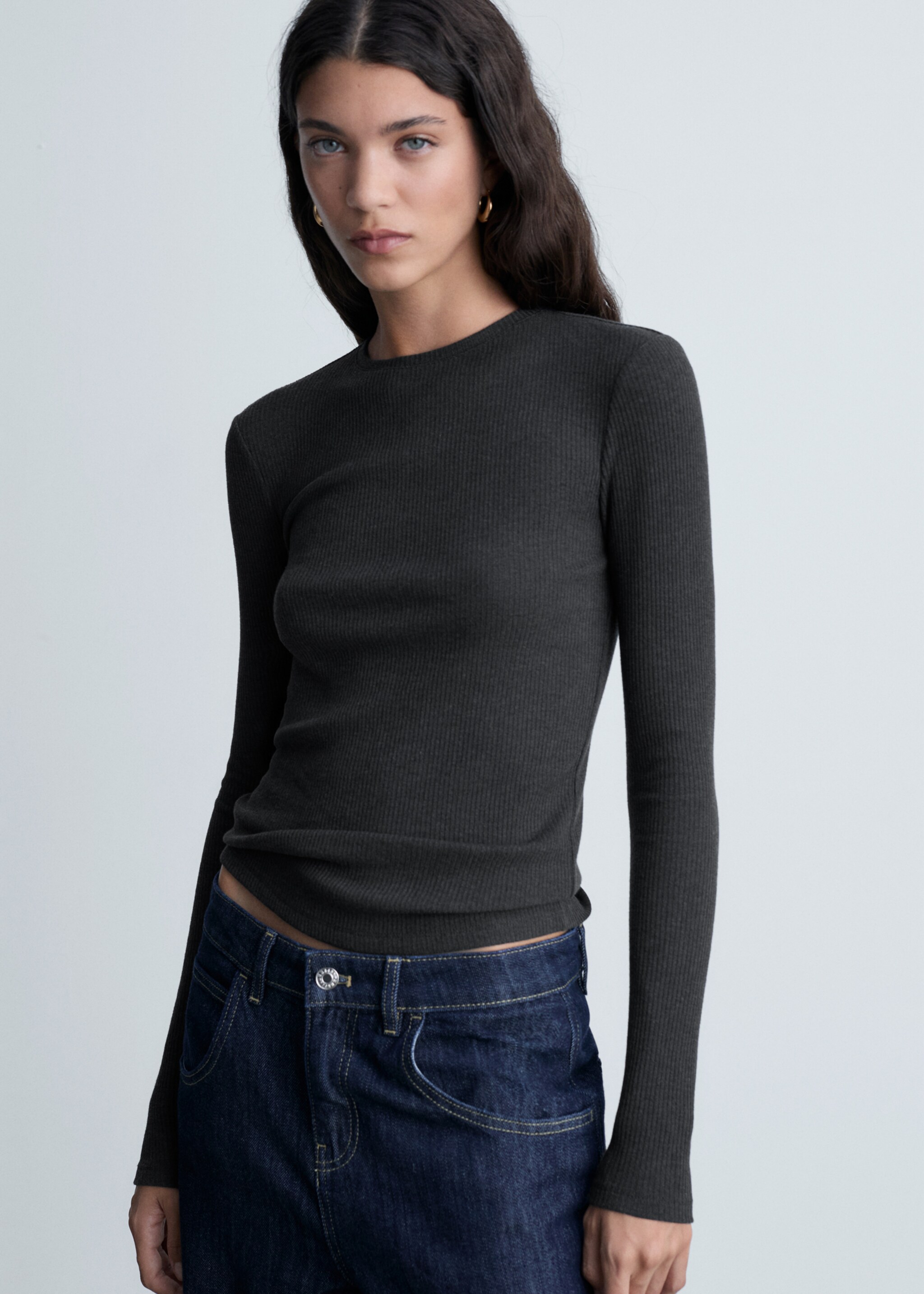 Ribbed long-sleeved t-shirt - Medium plane, Charcoal. Ref: 87020444-00.