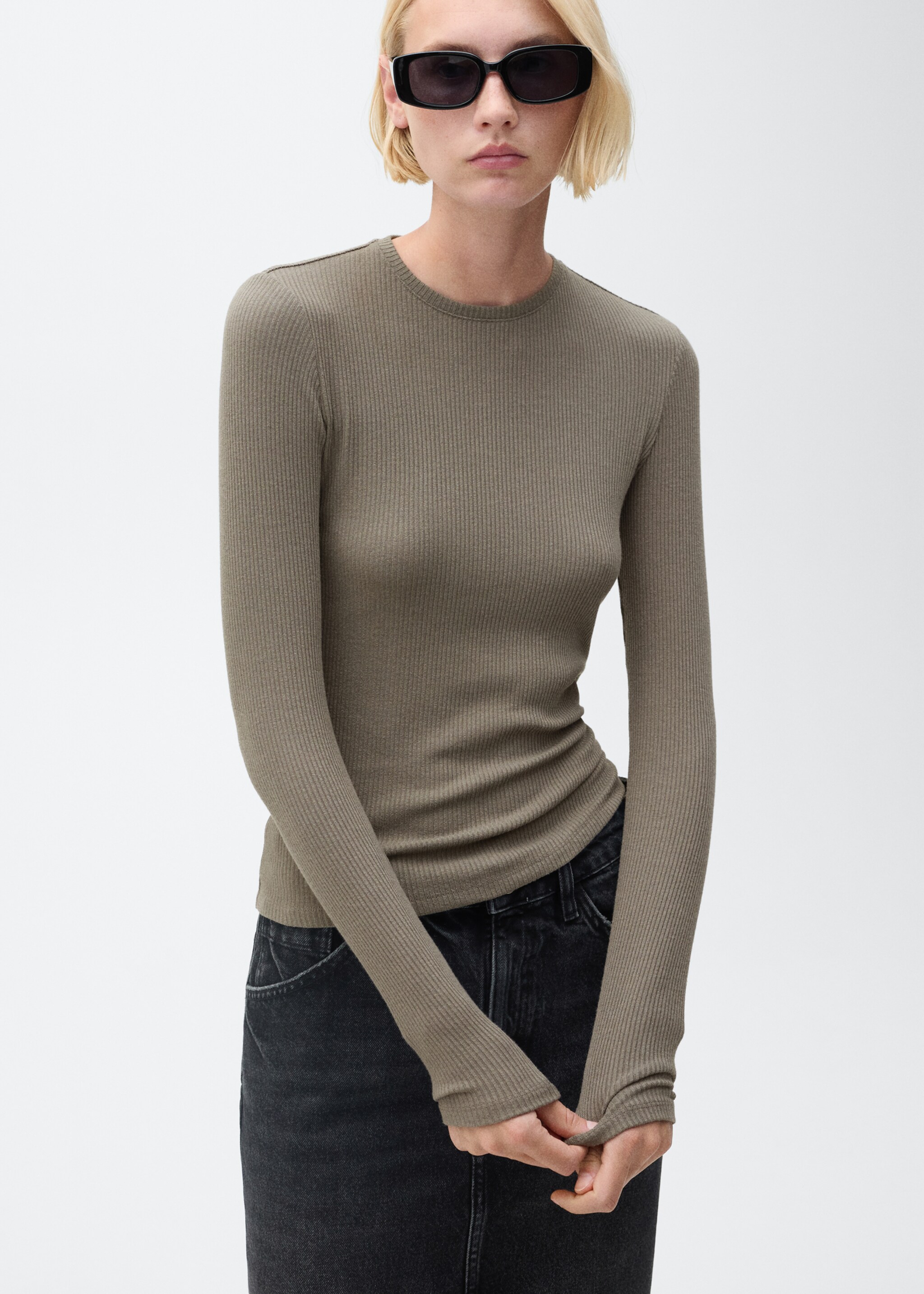 Ribbed long-sleeved t-shirt - Medium plane, Khaki. Ref: 87020445-00.