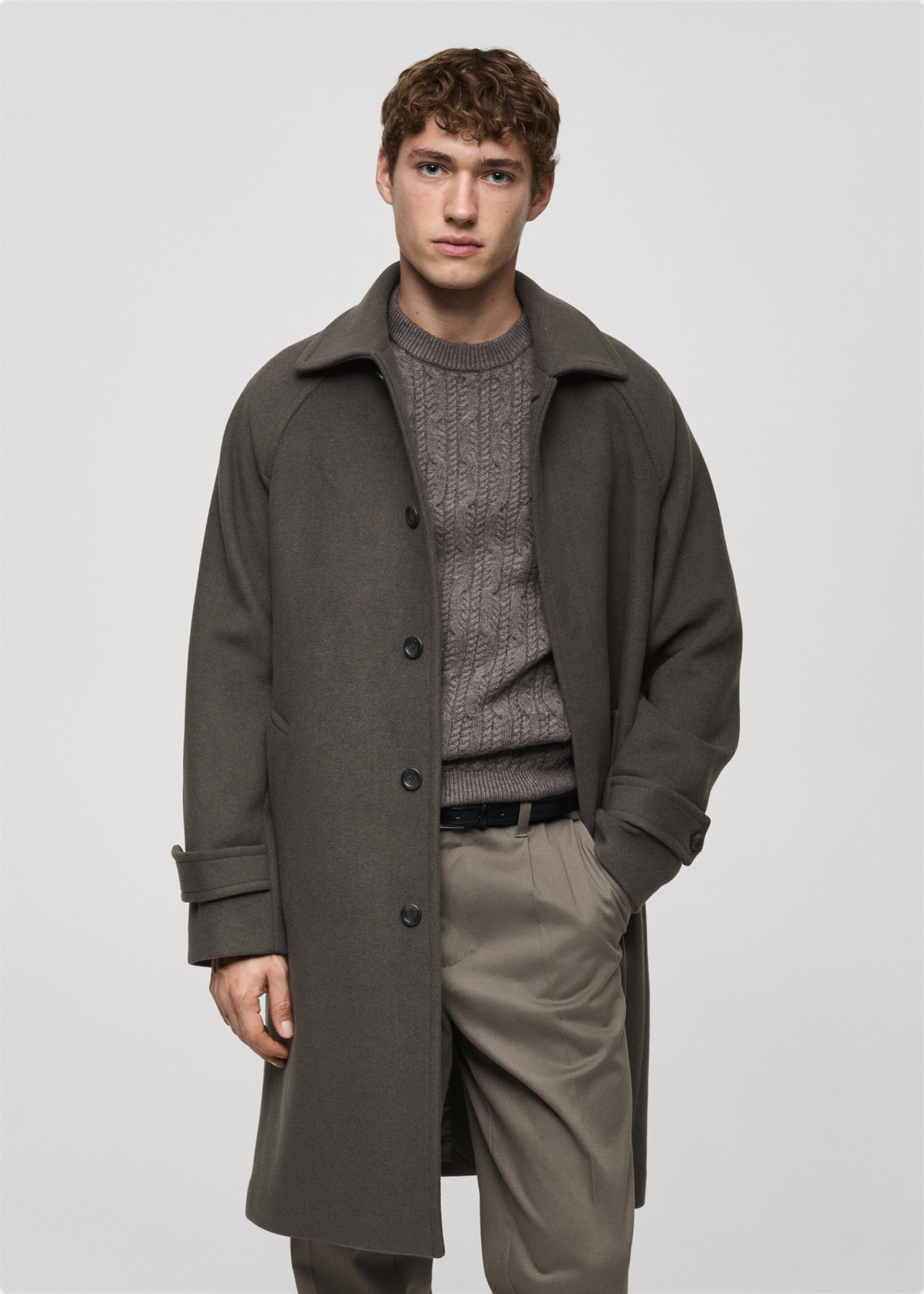 Long recycled wool coat - Medium plane, Khaki. Ref: 87020576-00.