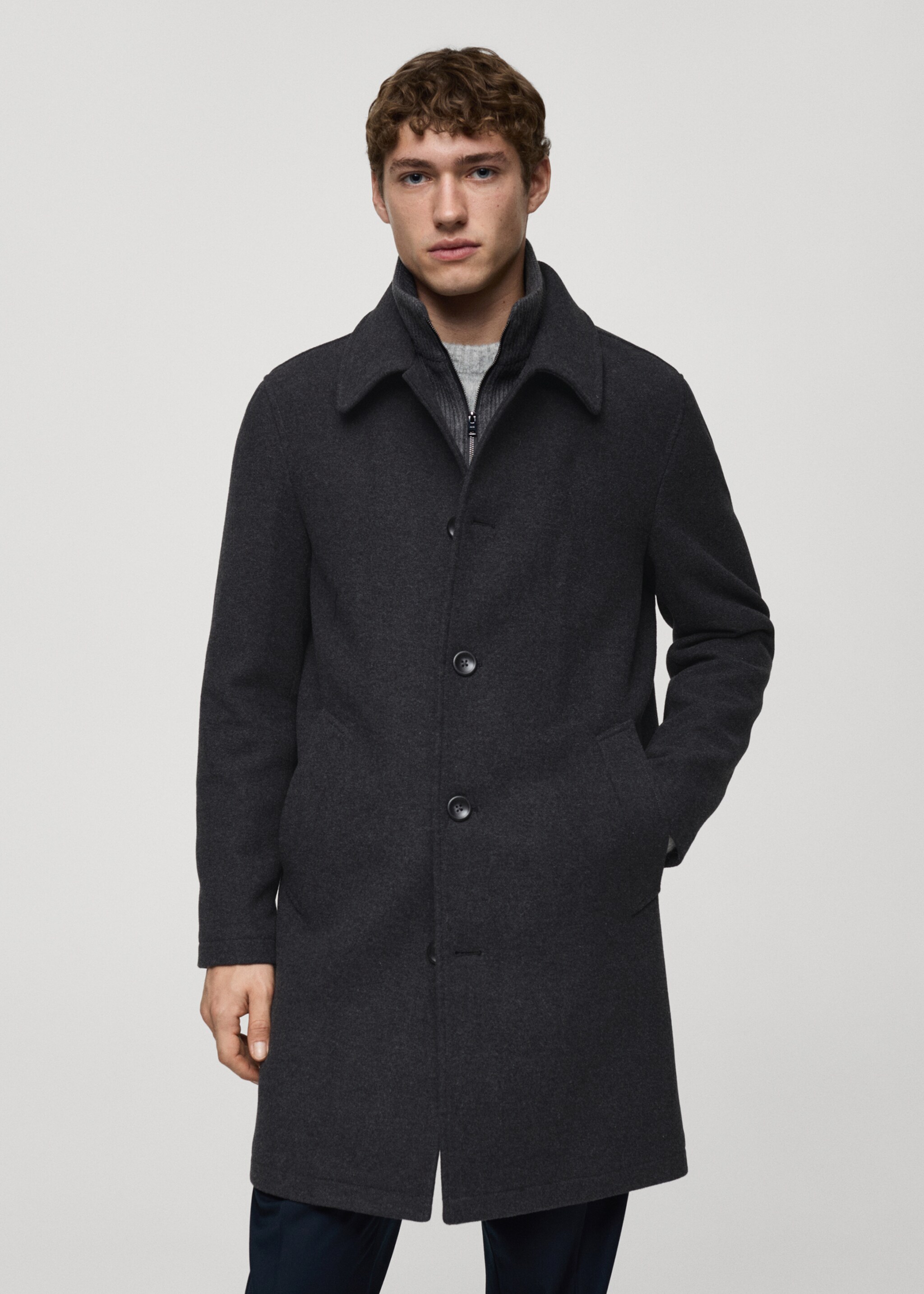 Wool coat with detachable collar - Medium plane, Charcoal. Ref: 87020578-00.