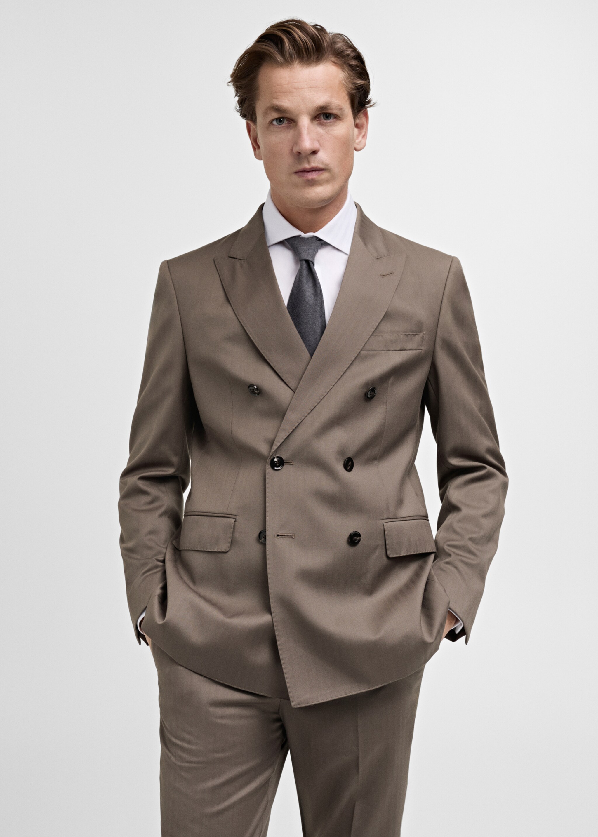 100% wool double-breasted herringbone suit jacket - Medium plane, Medium Brown. Ref: 87020589-00.
