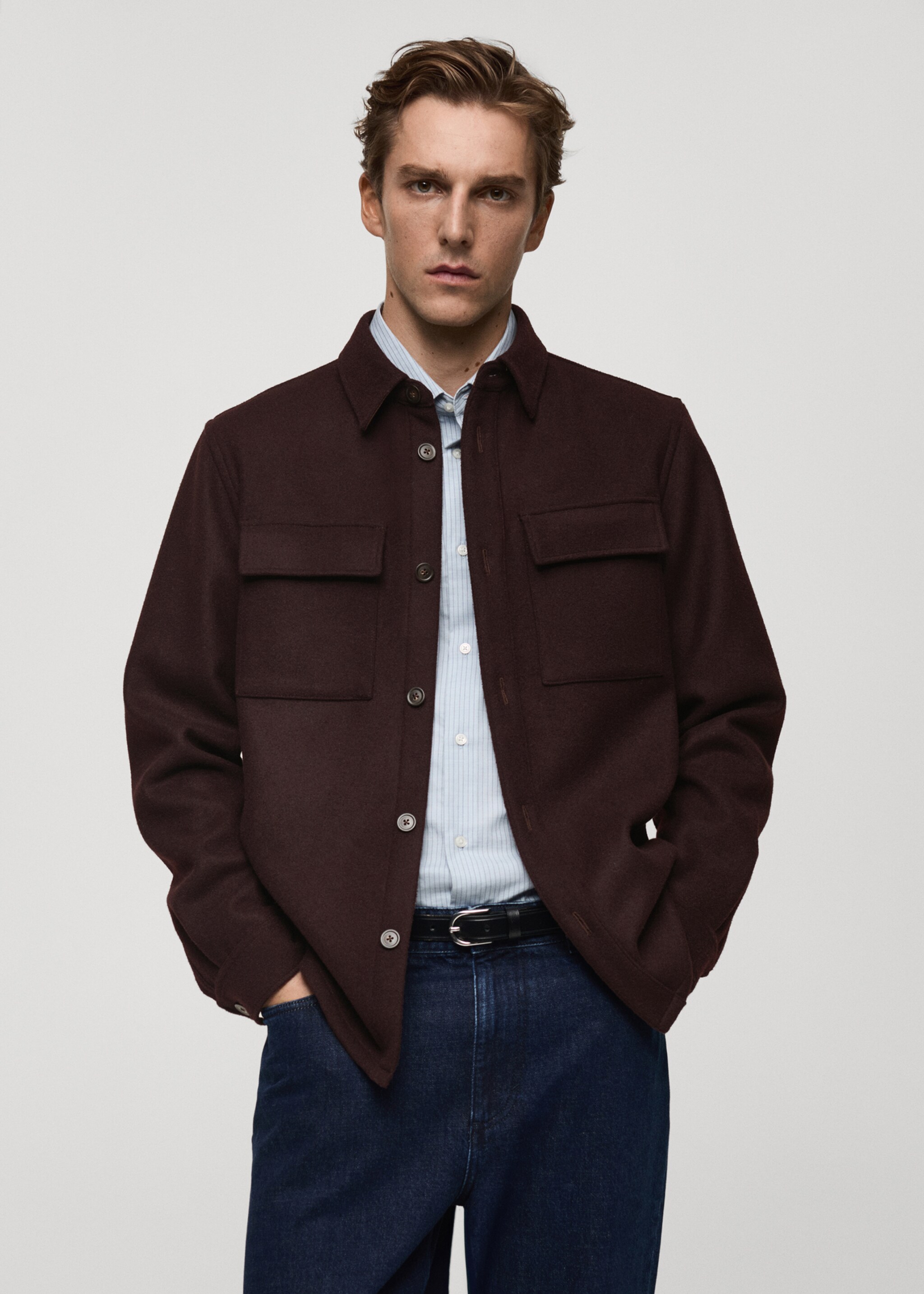 Flannel wool overshirt with pockets - Medium plane, Burgundy. Ref: 87020598-00.