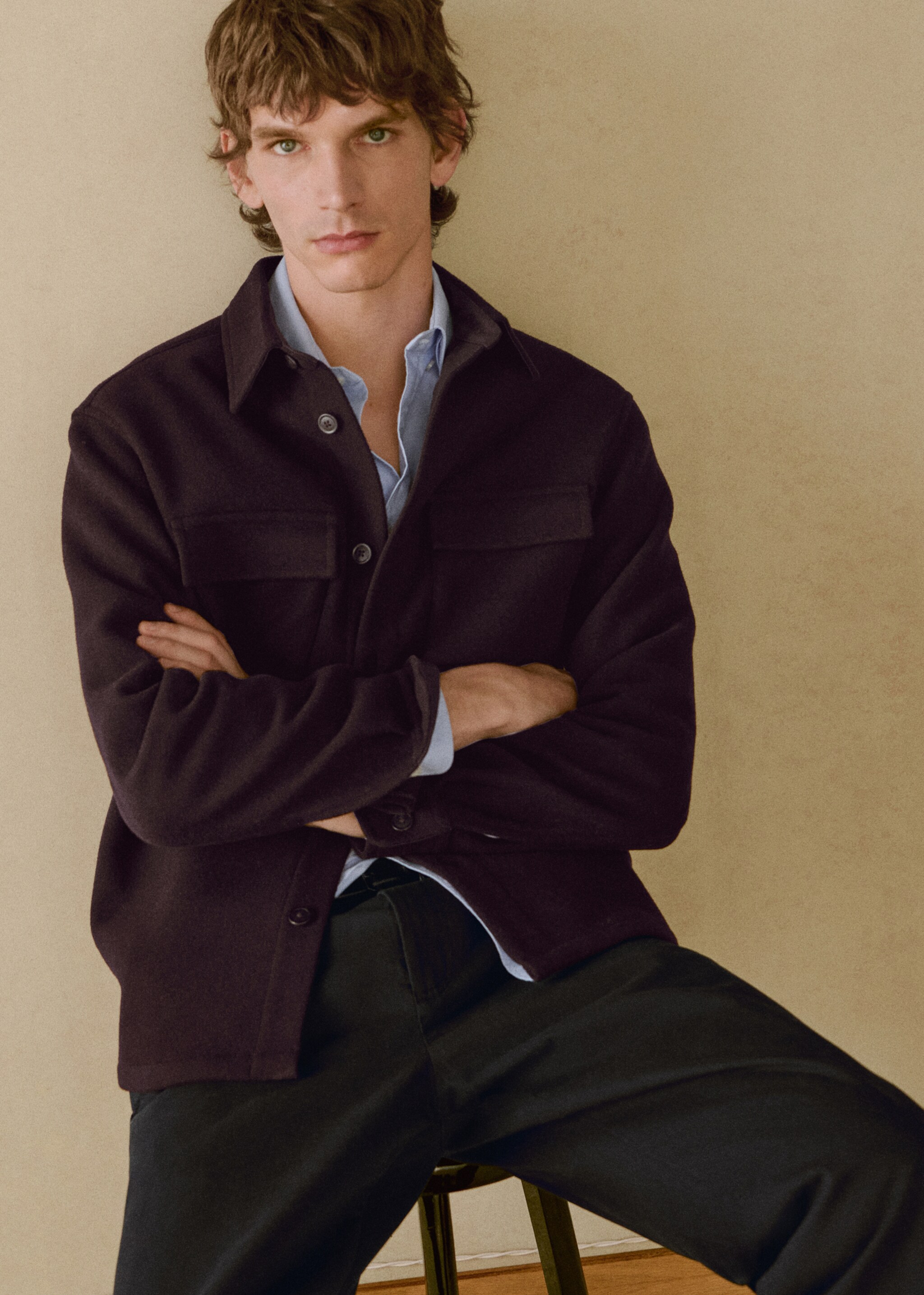 Flannel wool overshirt with pockets - Details of the article 3, Burgundy. Ref: 87020598-00.