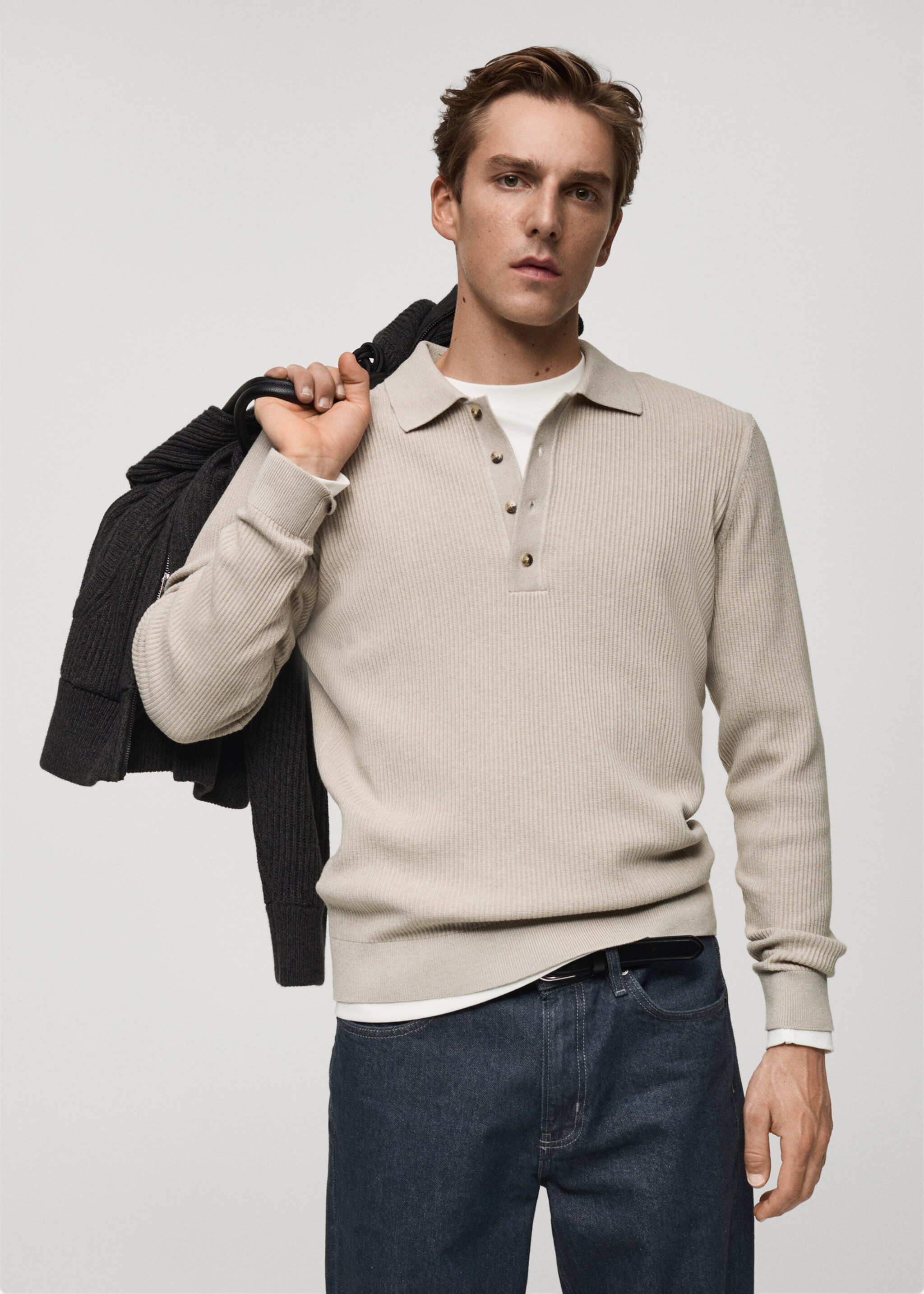 Cotton-blend ribbed polo sweater - Medium plane, Beige. Ref: 87020602-00.