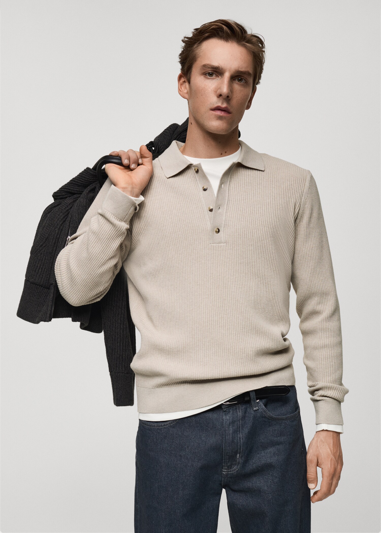 Cotton-blend ribbed polo sweater - Medium plane
