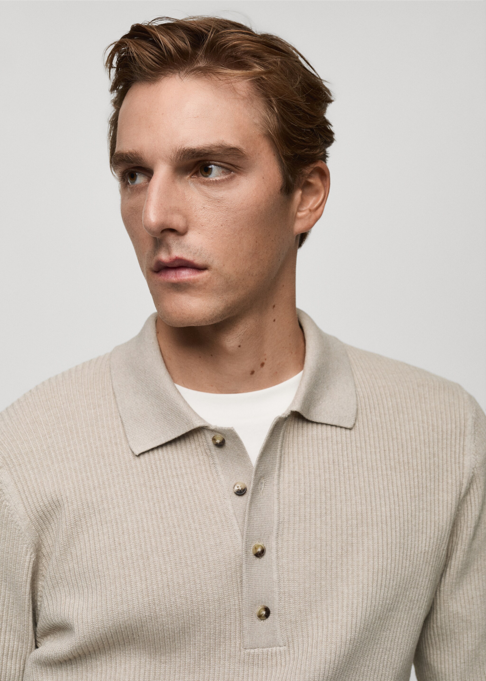 Cotton-blend ribbed polo sweater - Details of the article 1, Beige. Ref: 87020602-00.