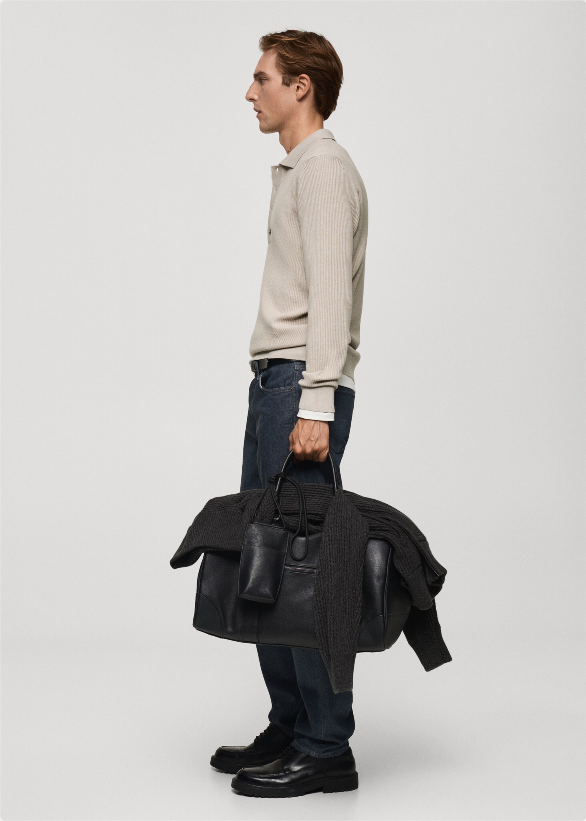 Cotton-blend ribbed polo sweater - Details of the article 2, Beige. Ref: 87020602-00.