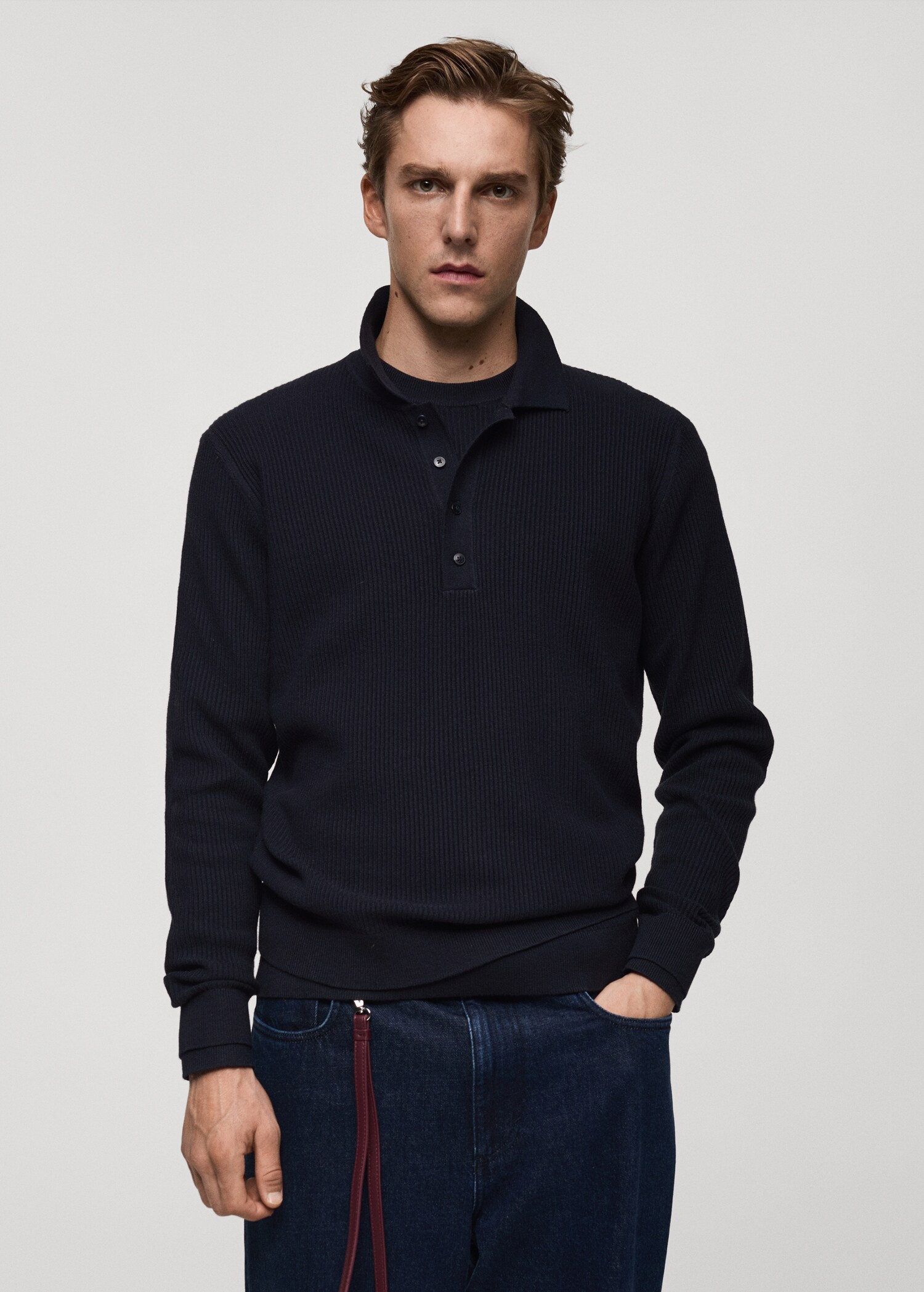 Cotton-blend ribbed polo sweater - Medium plane