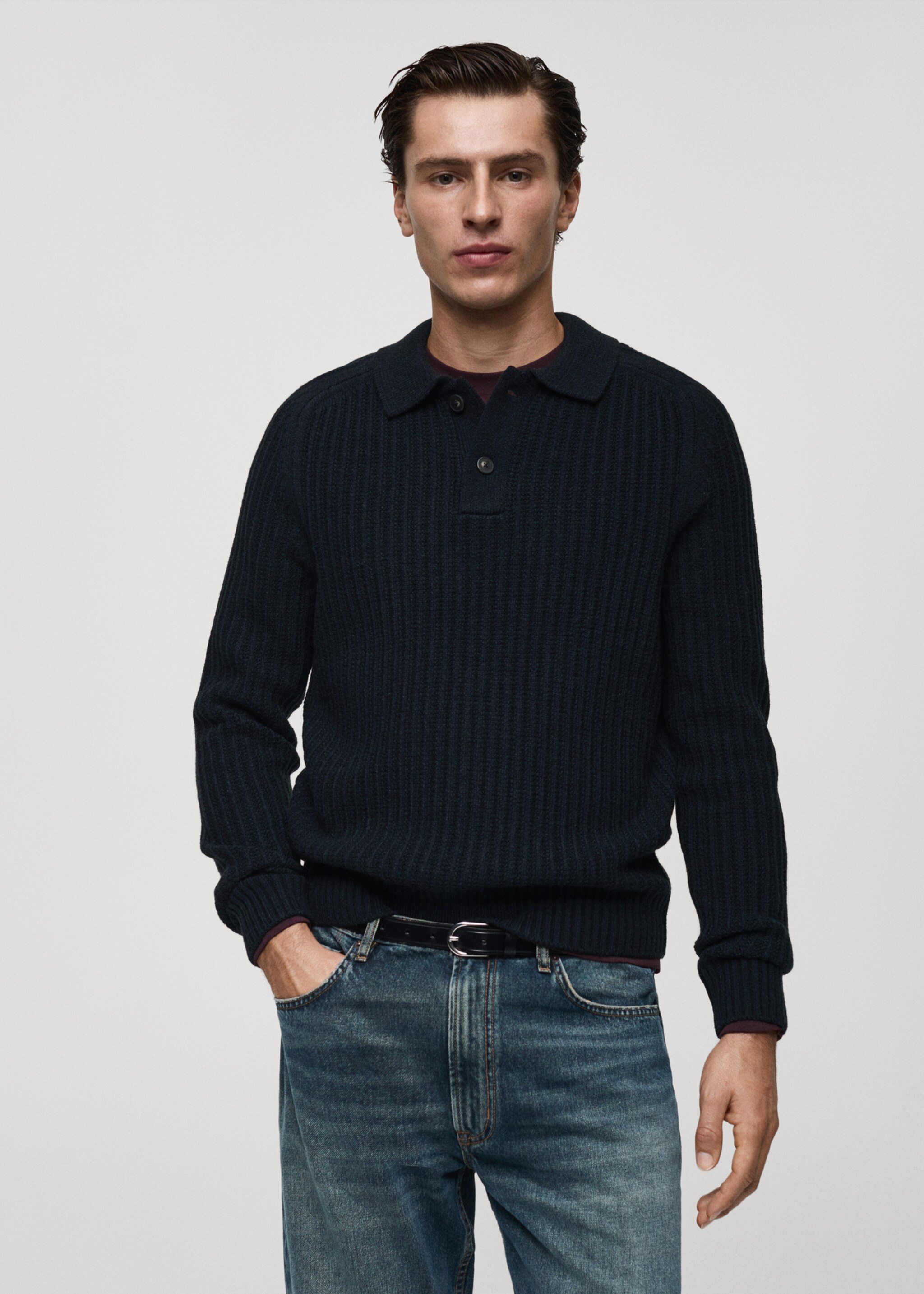 Ribbed polo-neck sweater - Medium plane, Dark Navy. Ref: 87020603-00.