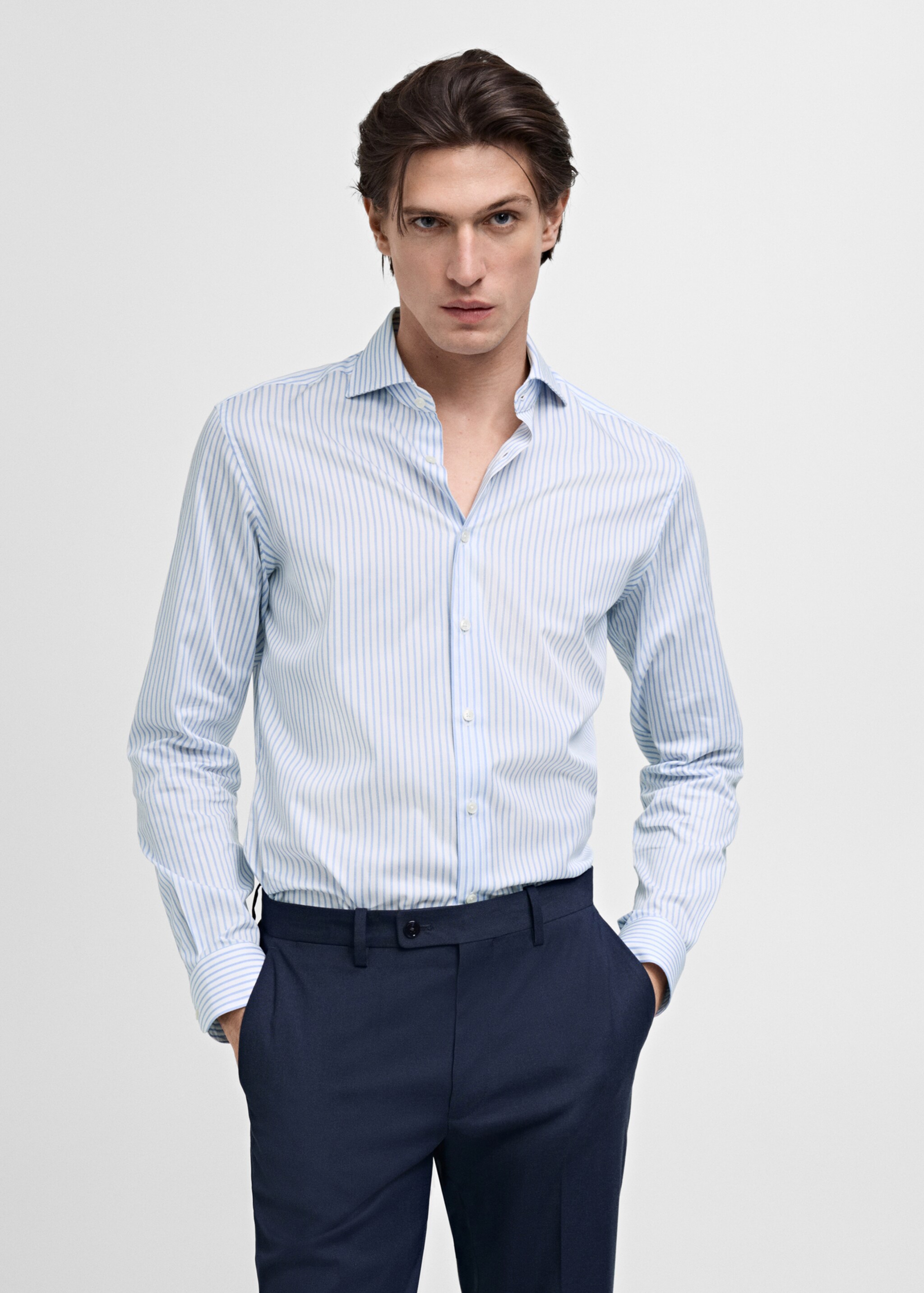 Slim fit cotton striped suit shirt - Medium plane, Sky Blue. Ref: 87020612-00.
