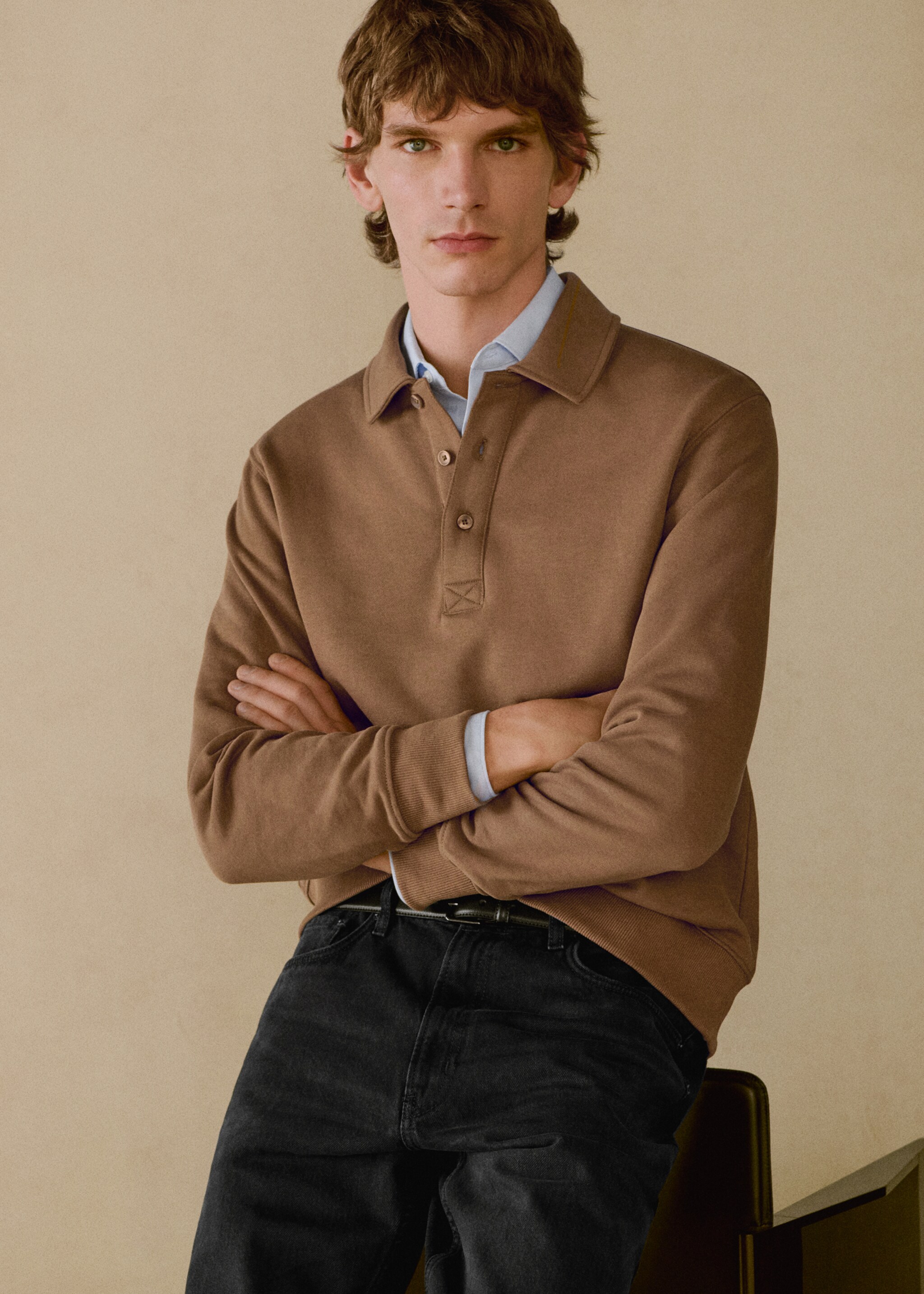 Brushed regular-fit polo sweatshirt - Details of the article 3, Medium Brown. Ref: 87020619-00.