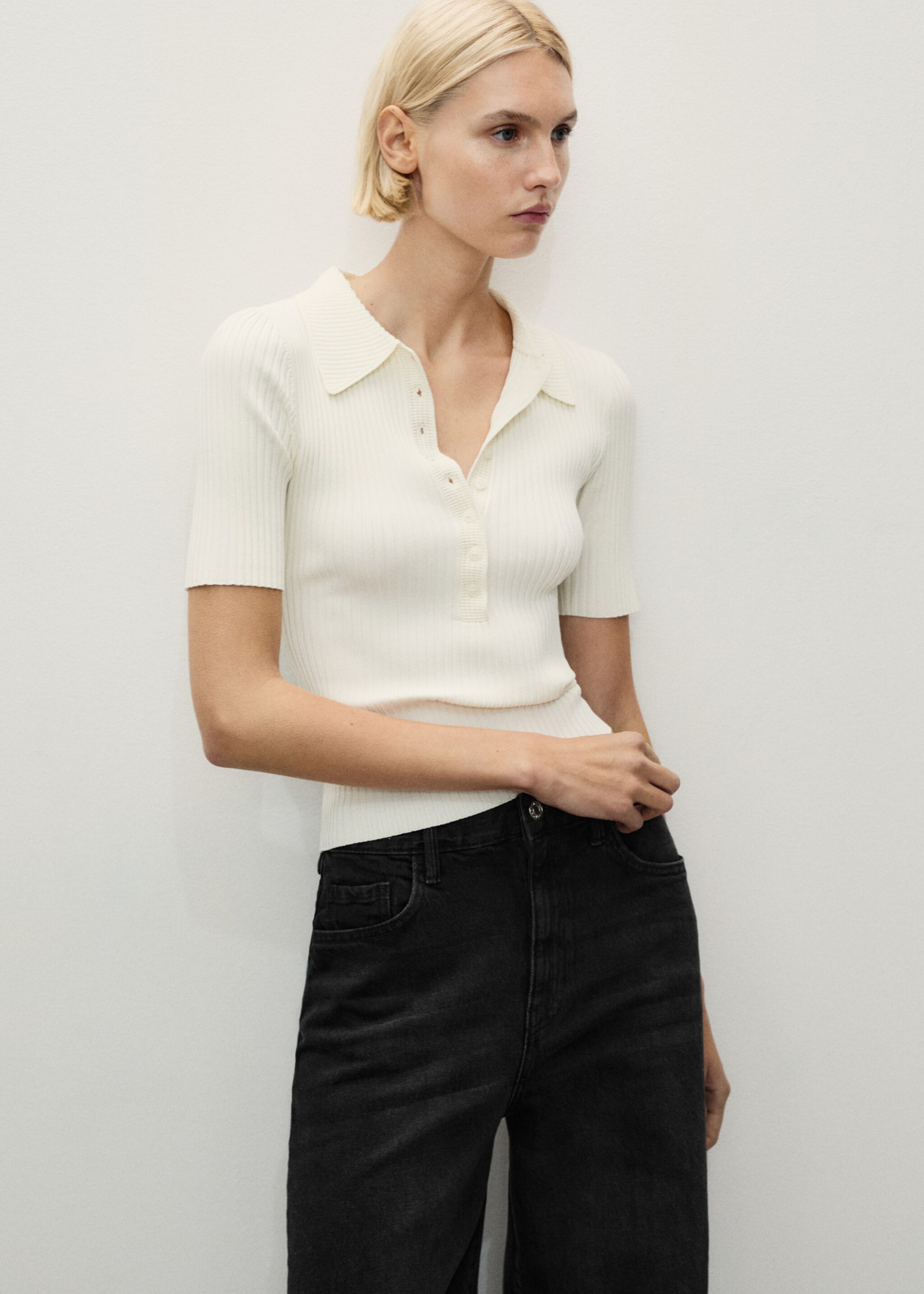 Wide-leg high-waist jeans - Detail van het artikel 1, Black denim. Ref: 87020635-00.