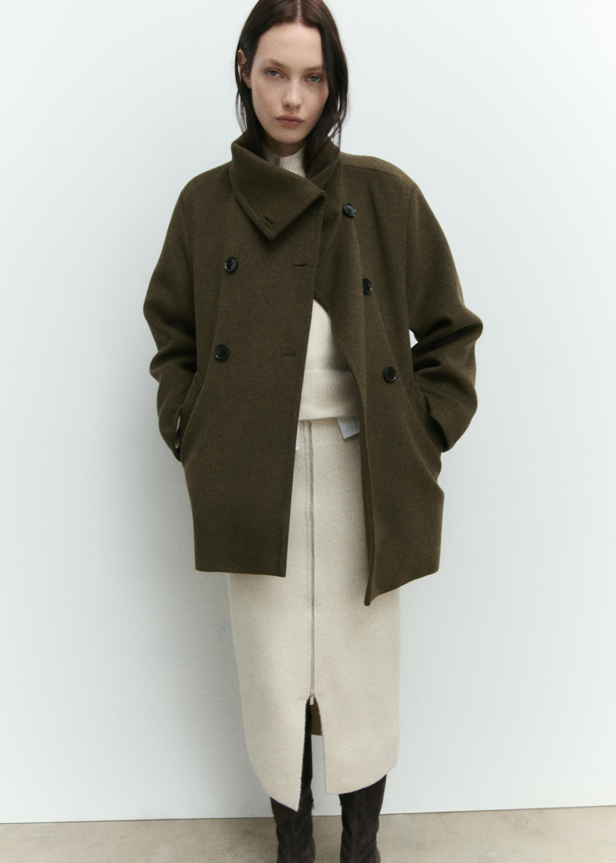 Vlněný midi kabát se šálovým límcem - Detail zboží 9, Khaki. Ref: 87020641-00.