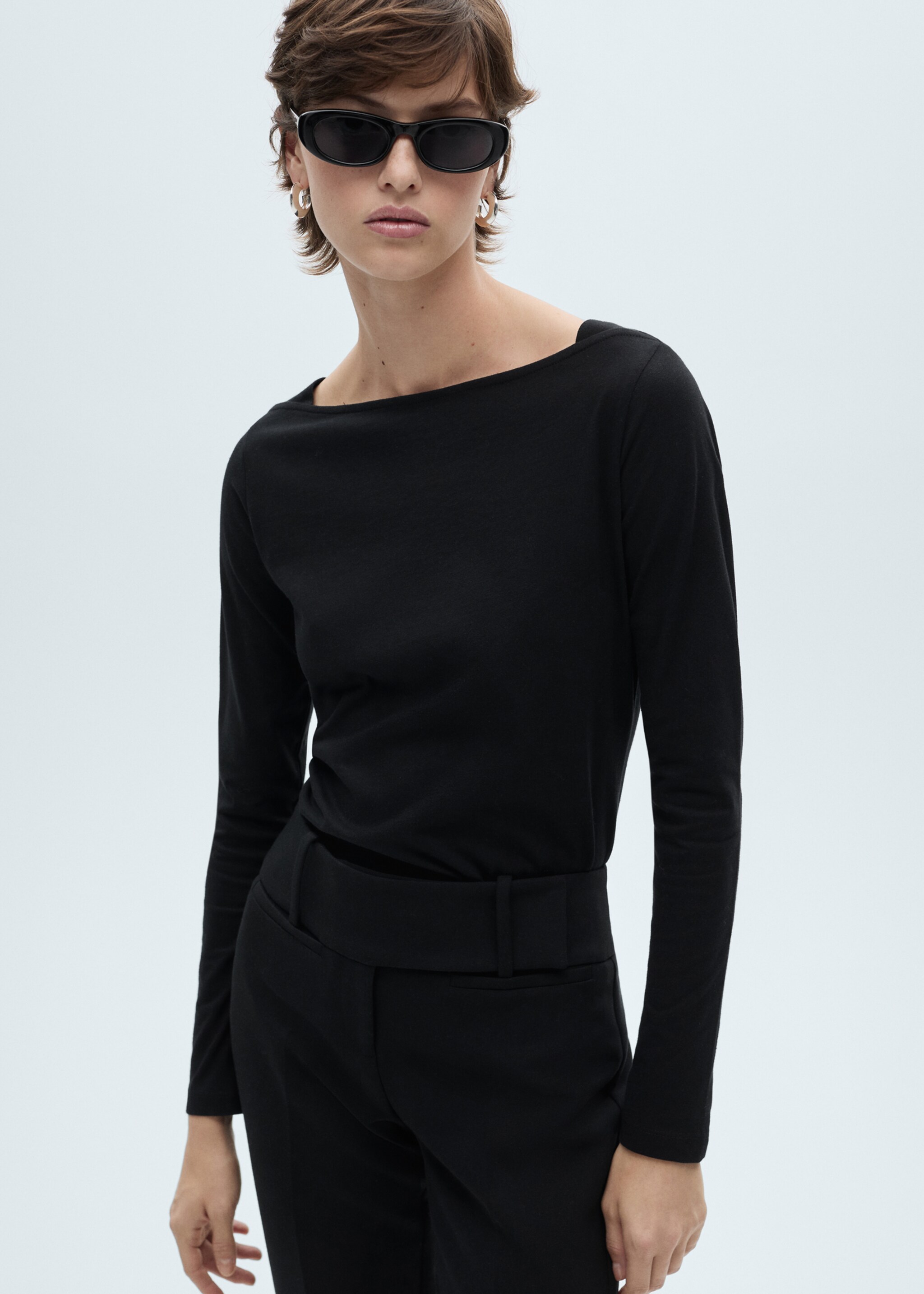 Cotton boat neck t-shirt - Medium plane, Black. Ref: 87020642-00.