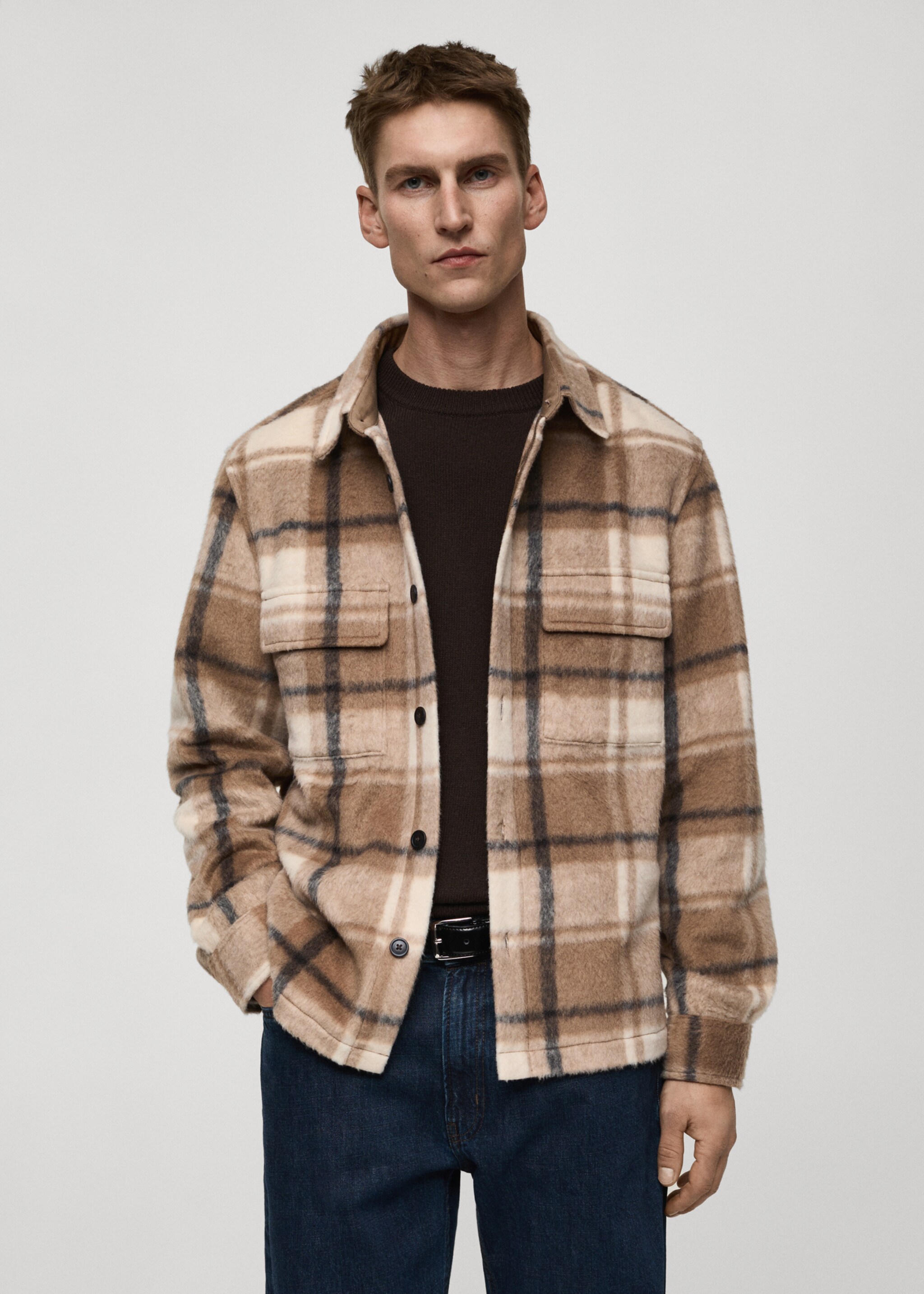 Check flannel textured overshirt - Medium plane, Beige. Ref: 87020644-00.
