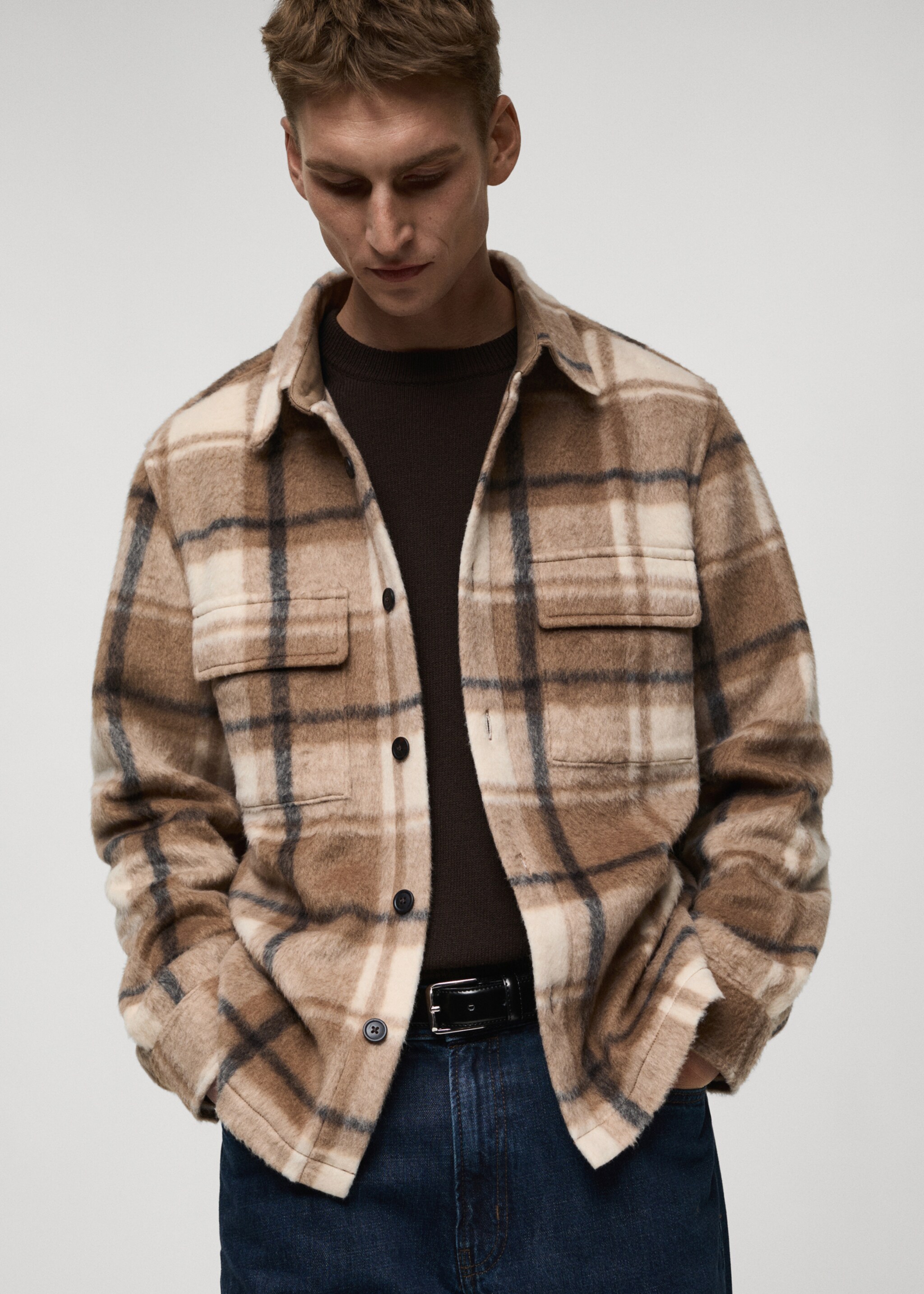 Check flannel textured overshirt - Details of the article 2, Beige. Ref: 87020644-00.