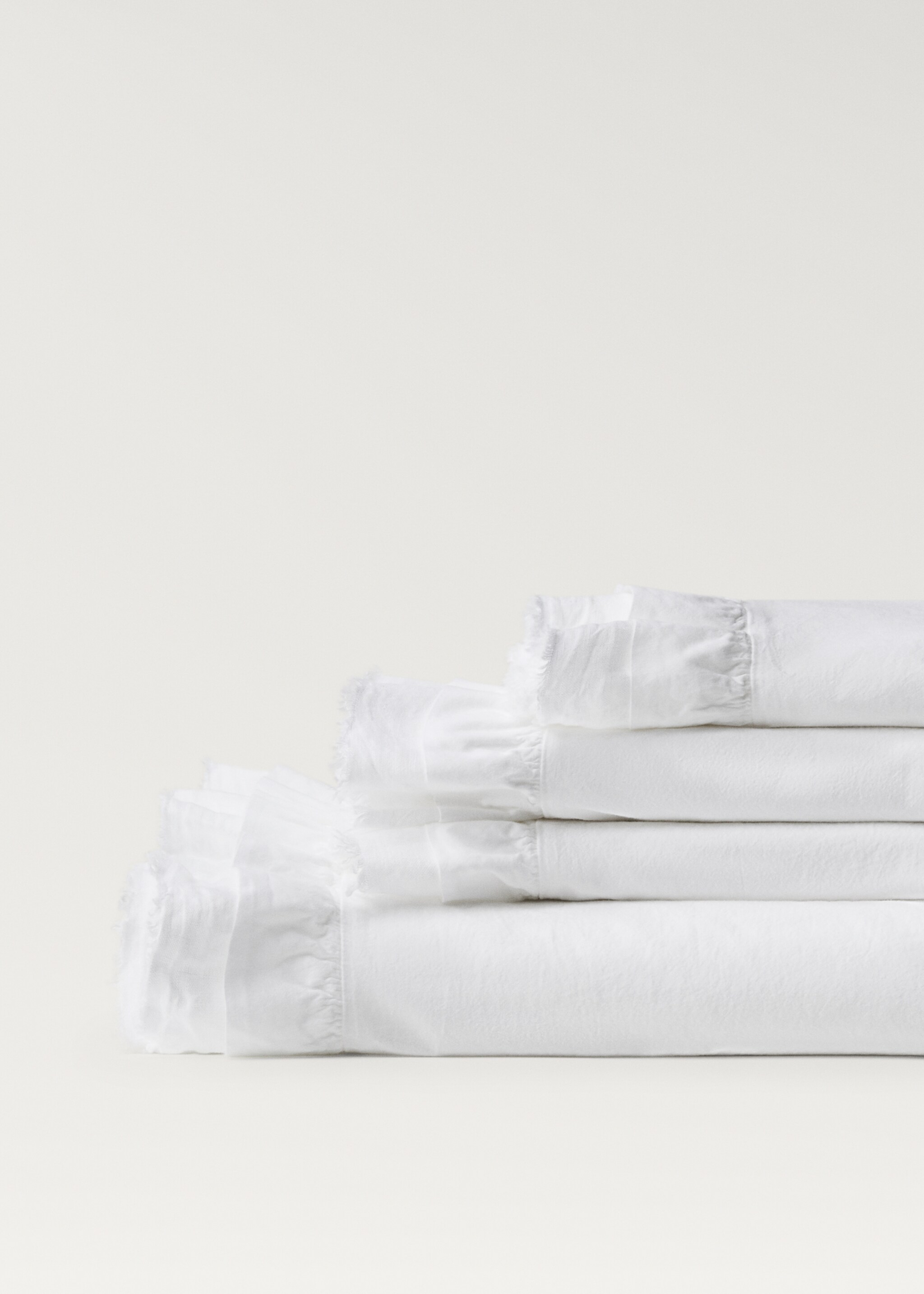Washed cotton flounce linen flat sheet King bed - Details of the article 1, White. Ref: 87022983-00.