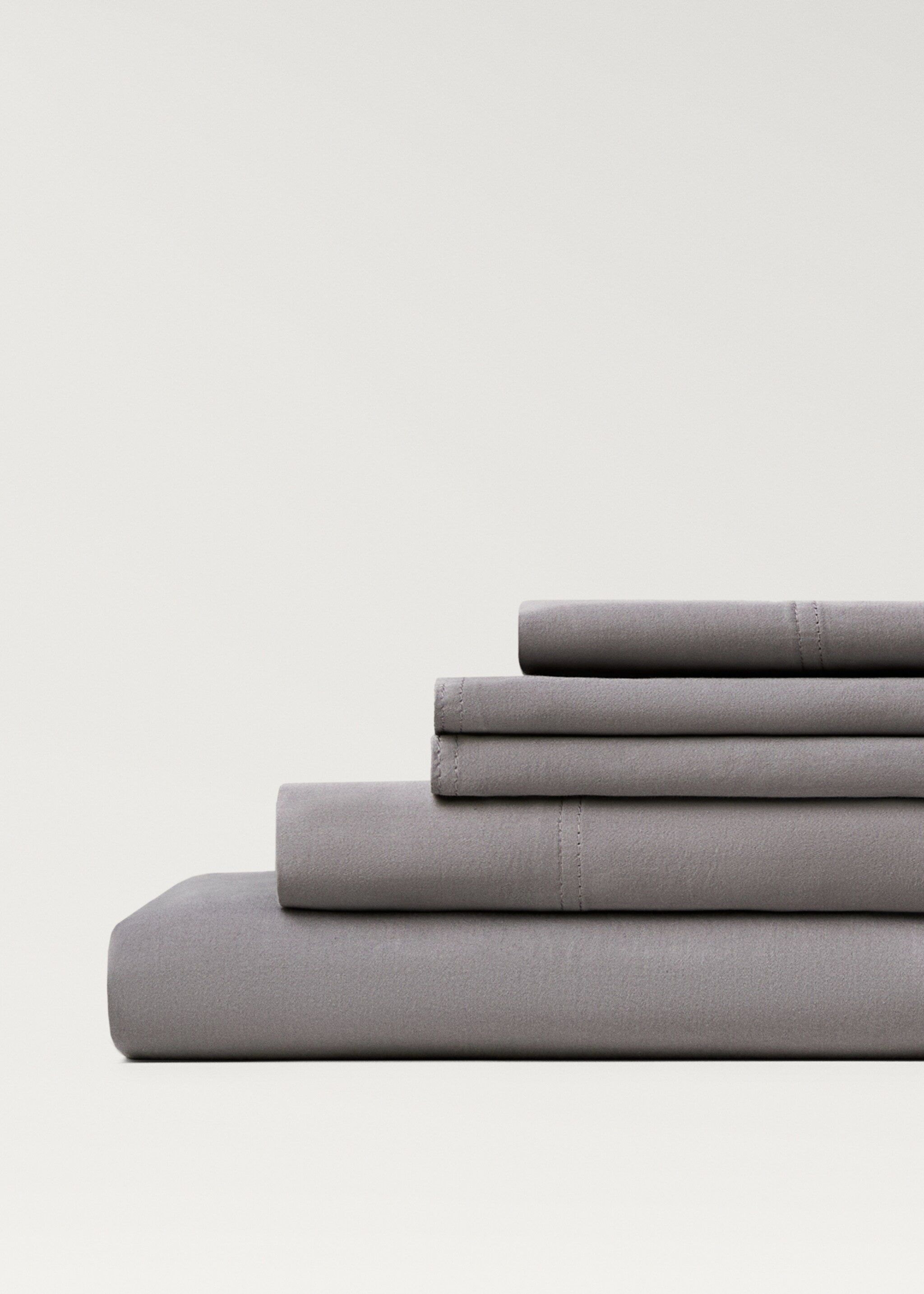 Washed cotton satin double-stitched top sheet for 150/160 cm bed - Details of the article 3, Medium Grey. Ref: 87023028-00.