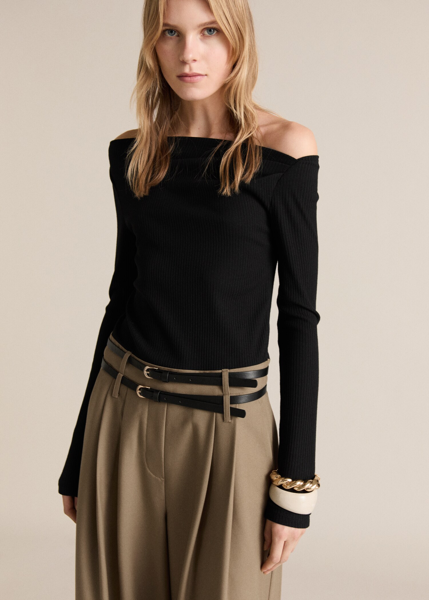 Combined-fabric jumpsuit with belt - Medium plane