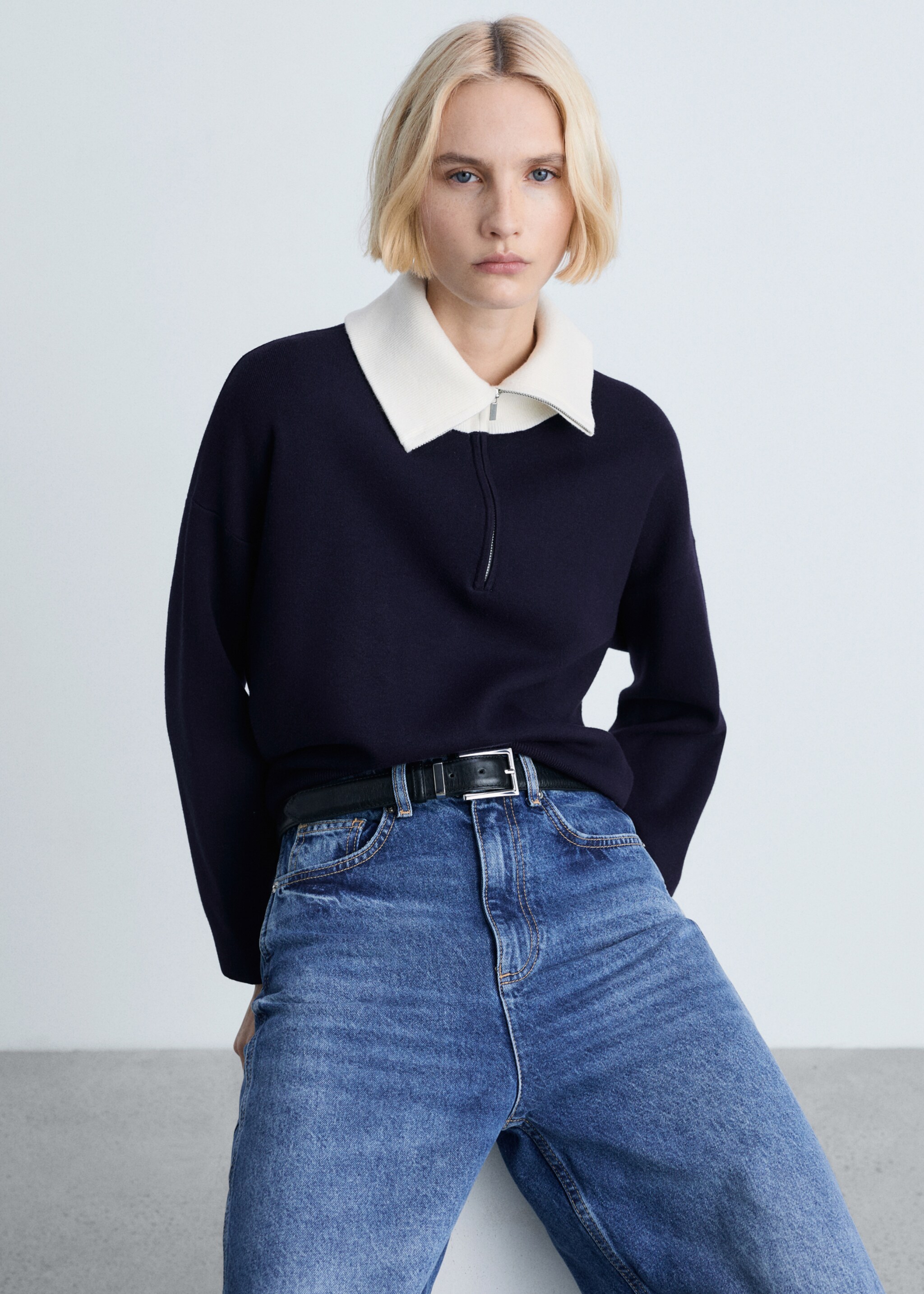 Knitted sweater with contrasting collar - Medium plane, Dark Navy. Ref: 87024077-00.