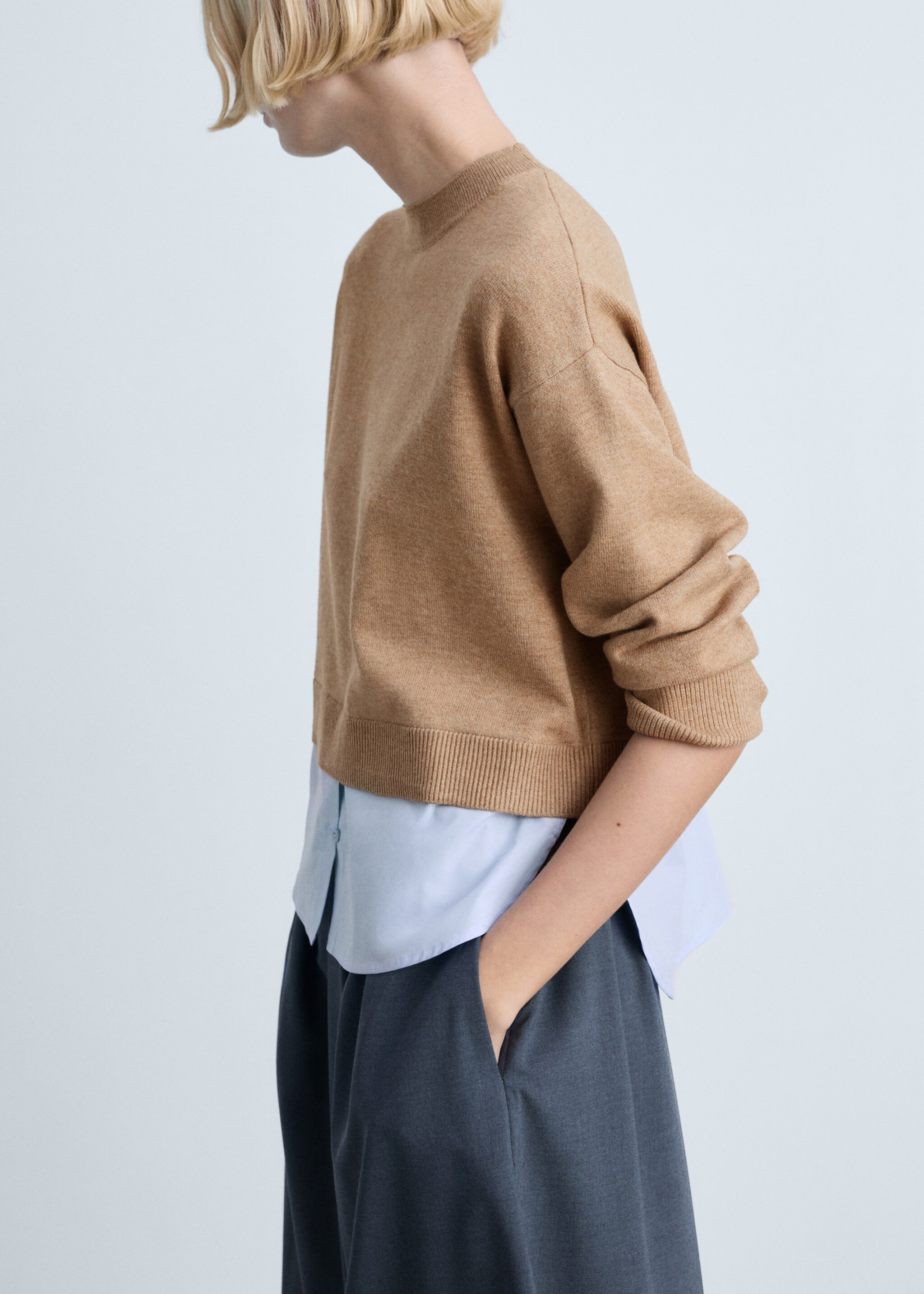 Combined knitted sweater - Details of the article 1, Medium Brown. Ref: 87024080-00.