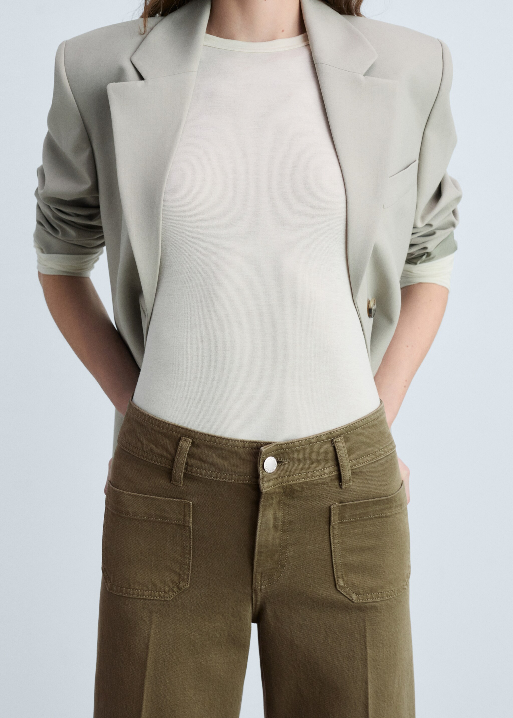 Wide leg jeans with pockets - Details of the article 6, Khaki. Ref: 87024084-00.