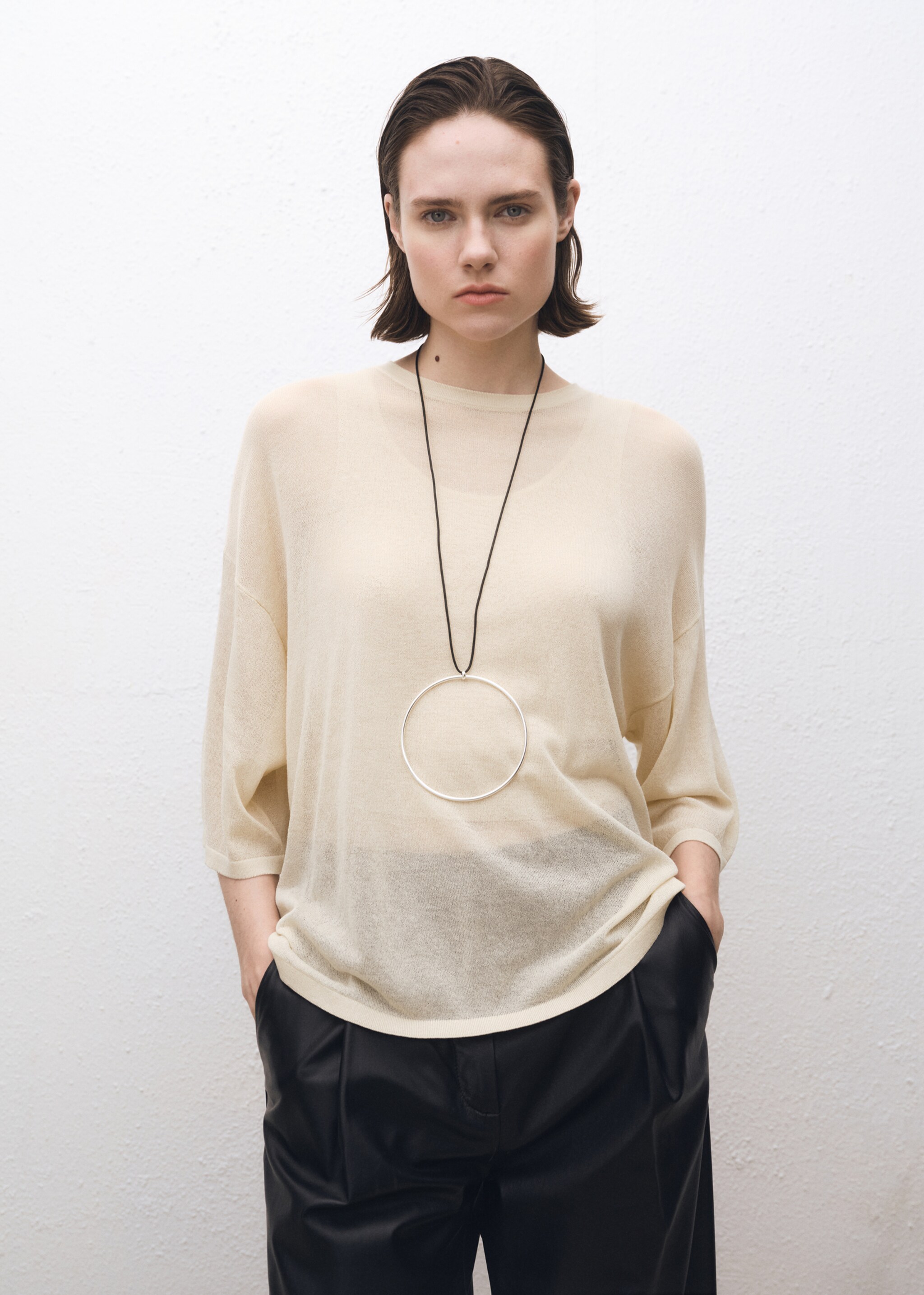 Oversize short sleeve sweater - Medium plane, Ecru. Ref: 87024093-00.