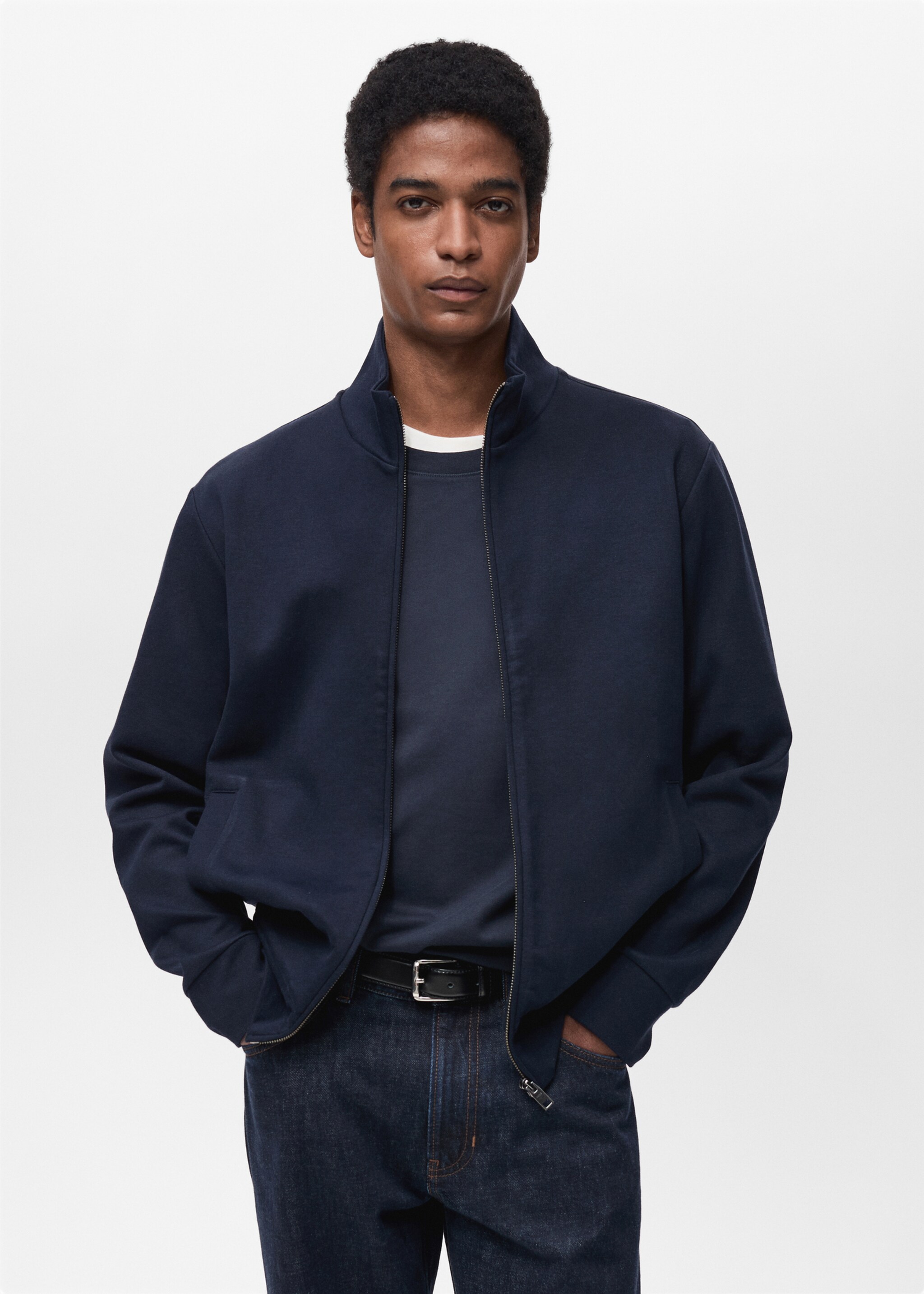 Cotton perkins-neck sweatshirt with zip - Medium plane, Night Blue. Ref: 87024411-00.