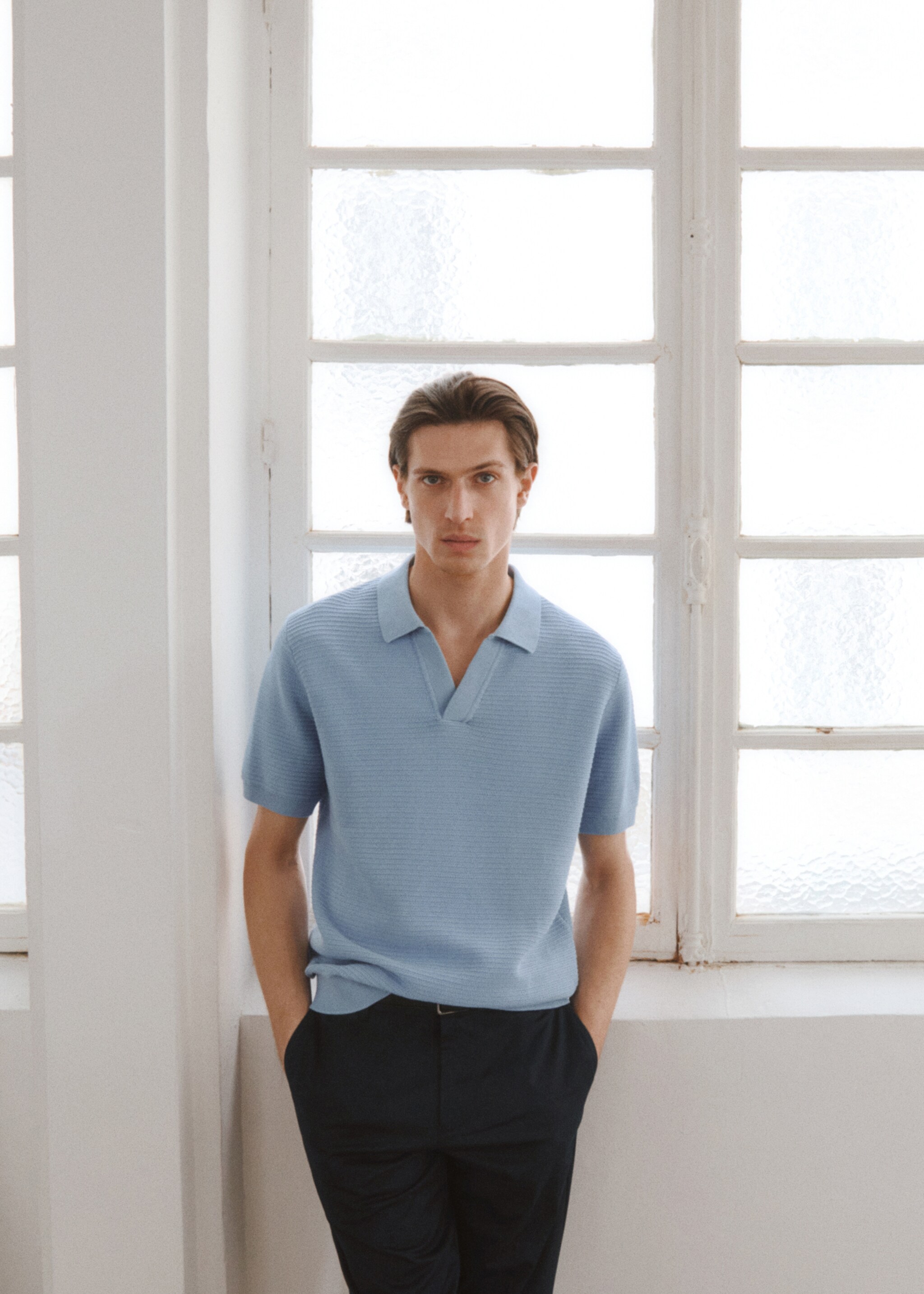 100% cotton knitted polo structure - Details of the article 3, Sky Blue. Ref: 87024412-00.