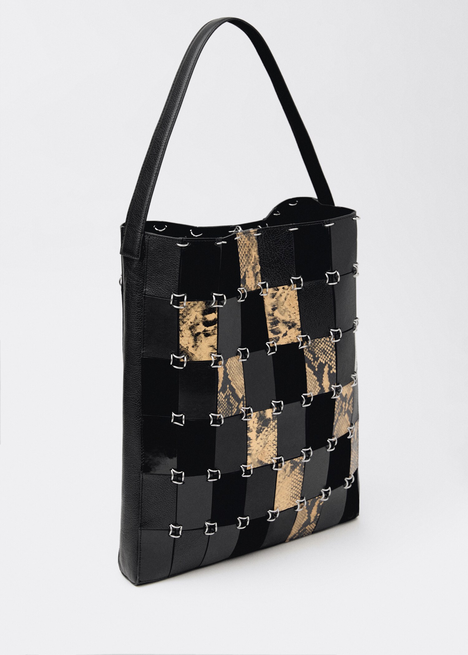 Combined-patchwork leather shopper bag - Medium plane