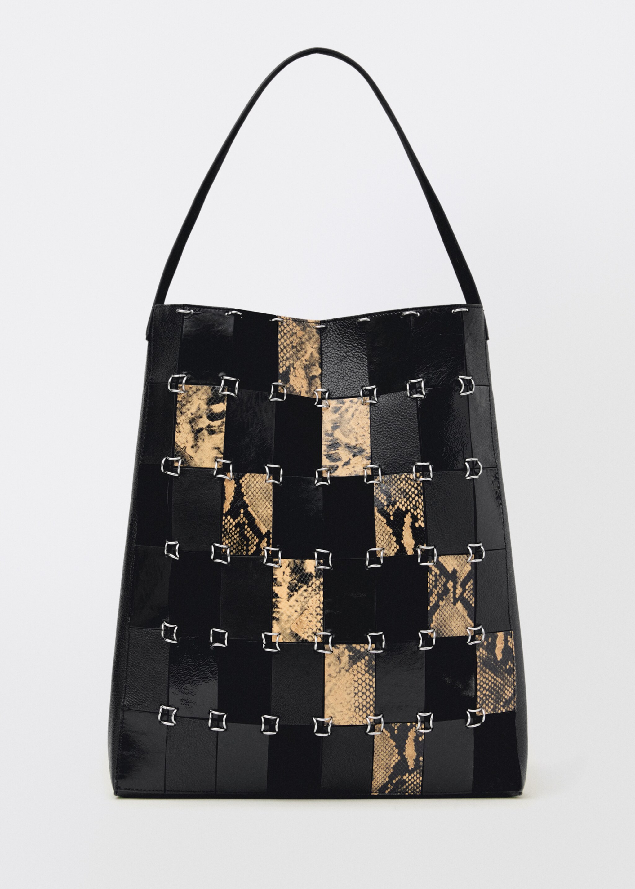 Combined-patchwork leather shopper bag - Article without model, Black. Ref: 87024425-00.