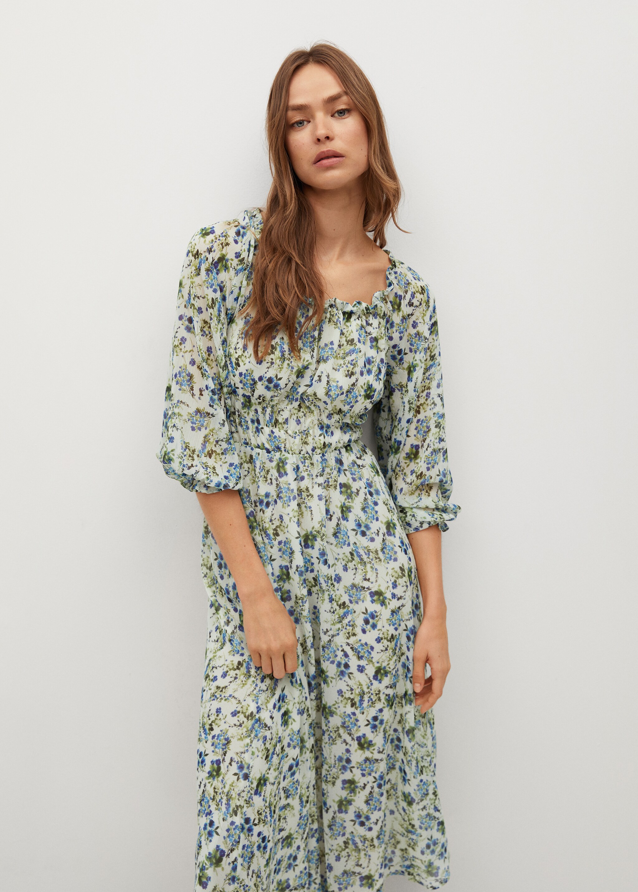 Vestido estampado manga abullonada - Plano medio