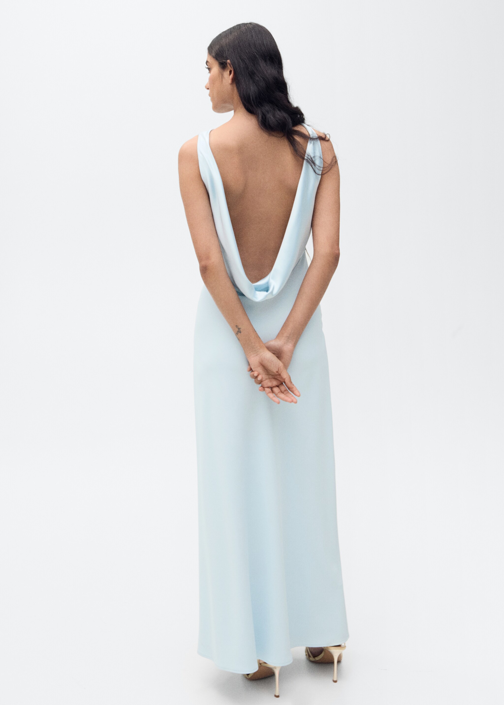 Satin dress with draped back - Reverse of the article, Sky Blue. Ref: 87025727-00.