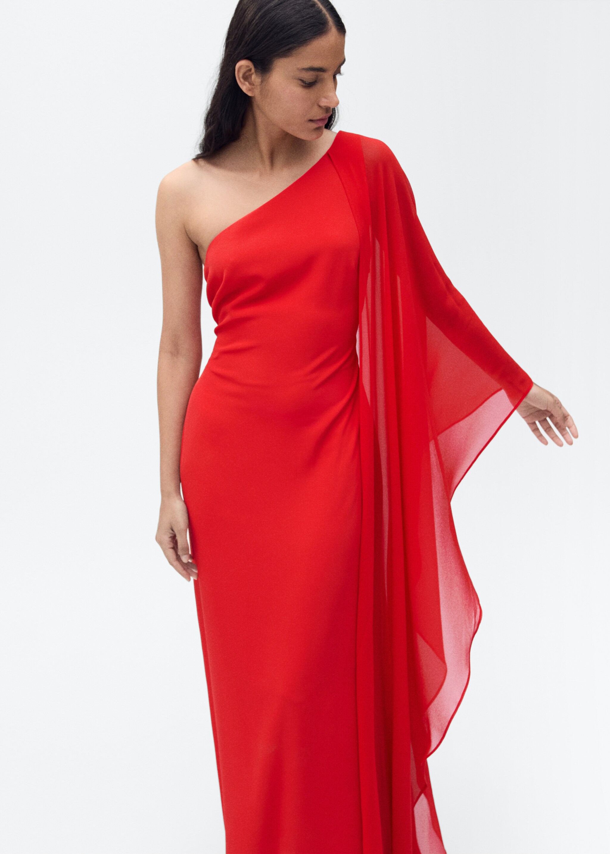 Asymmetrical dress with flared sleeves - Details of the article 2, Red. Ref: 87025730-00.