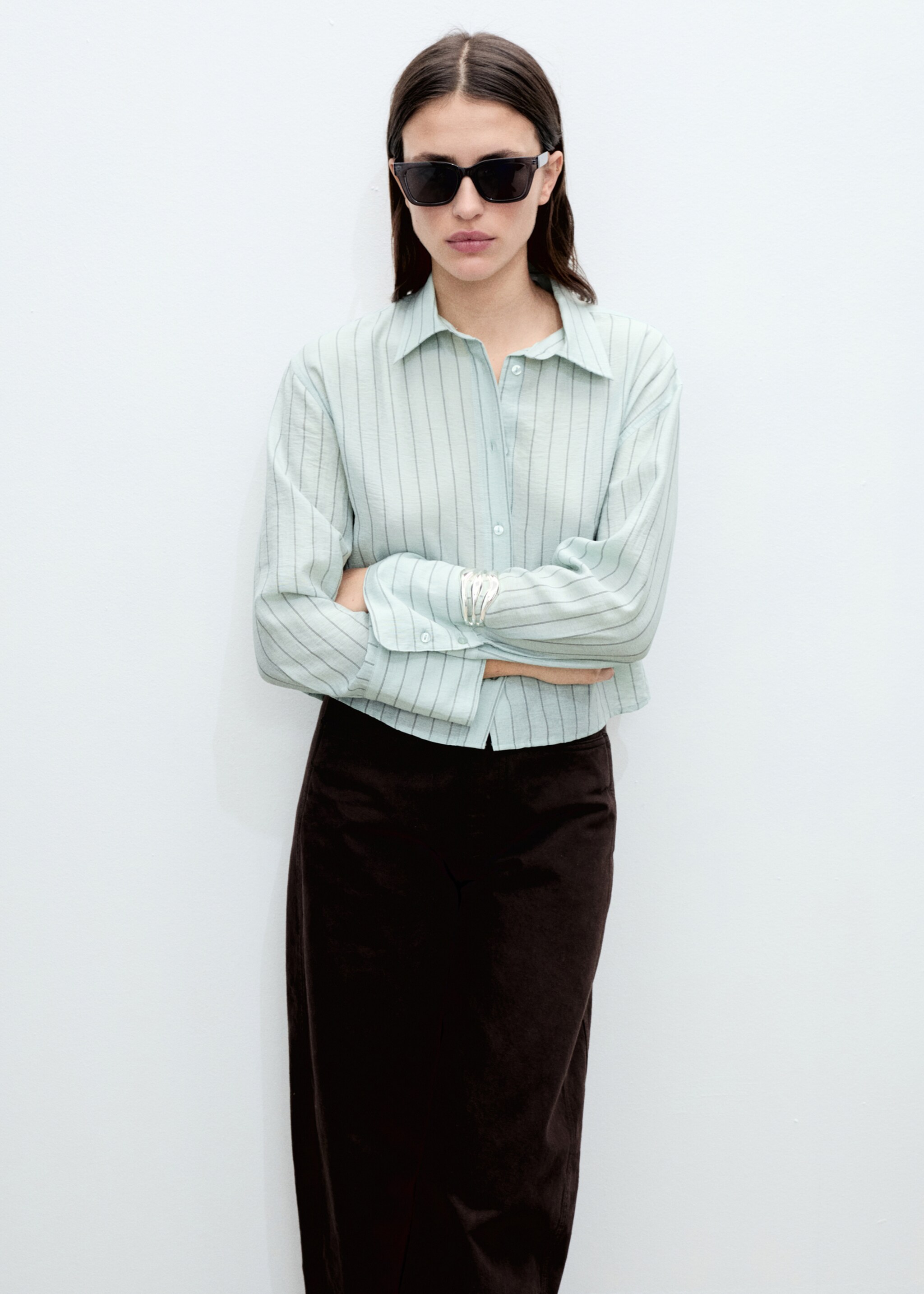 Striped cropped shirt - Medium plane, Green. Ref: 87025750-00.