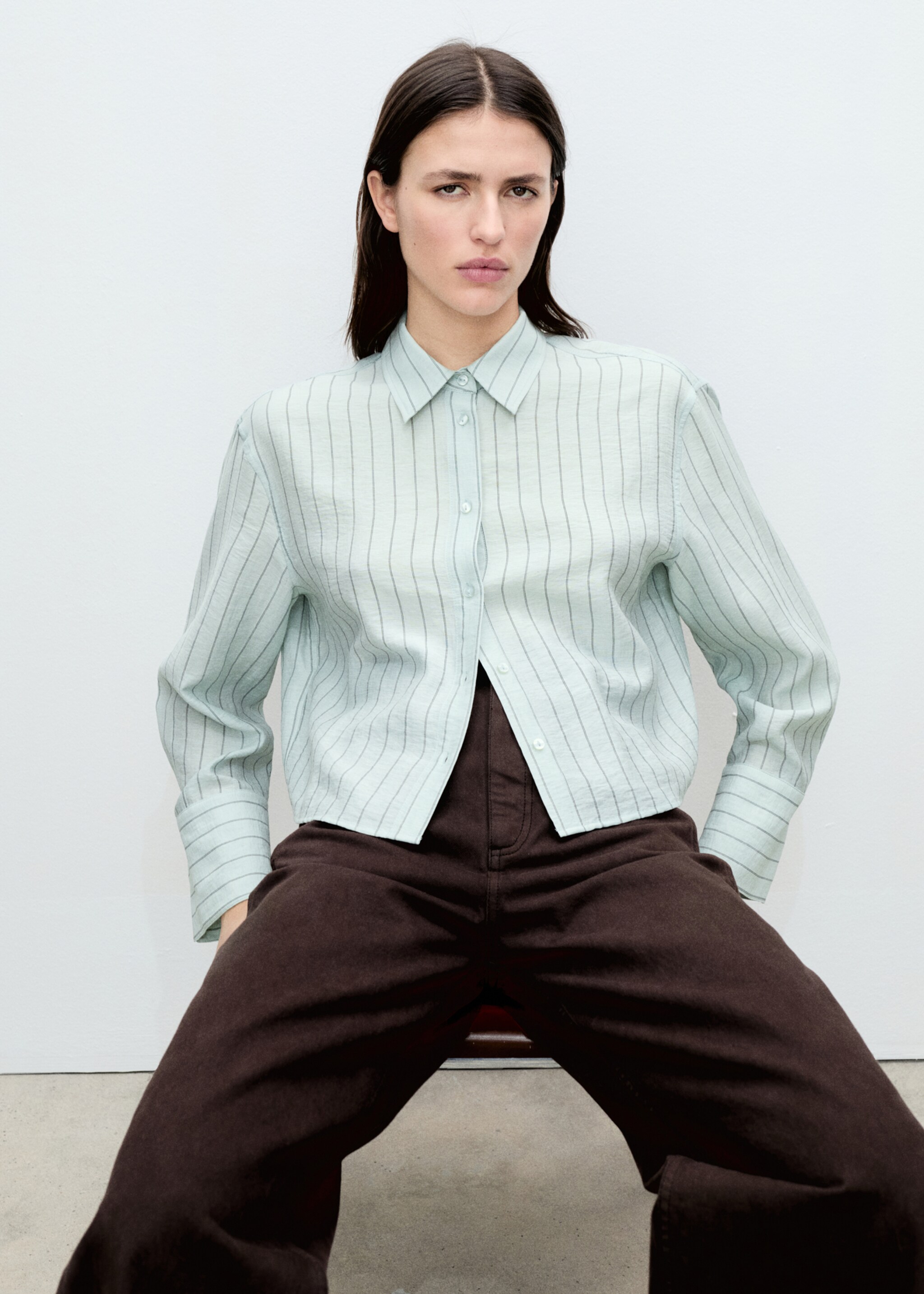 Striped cropped shirt - Details of the article 2, Green. Ref: 87025750-00.