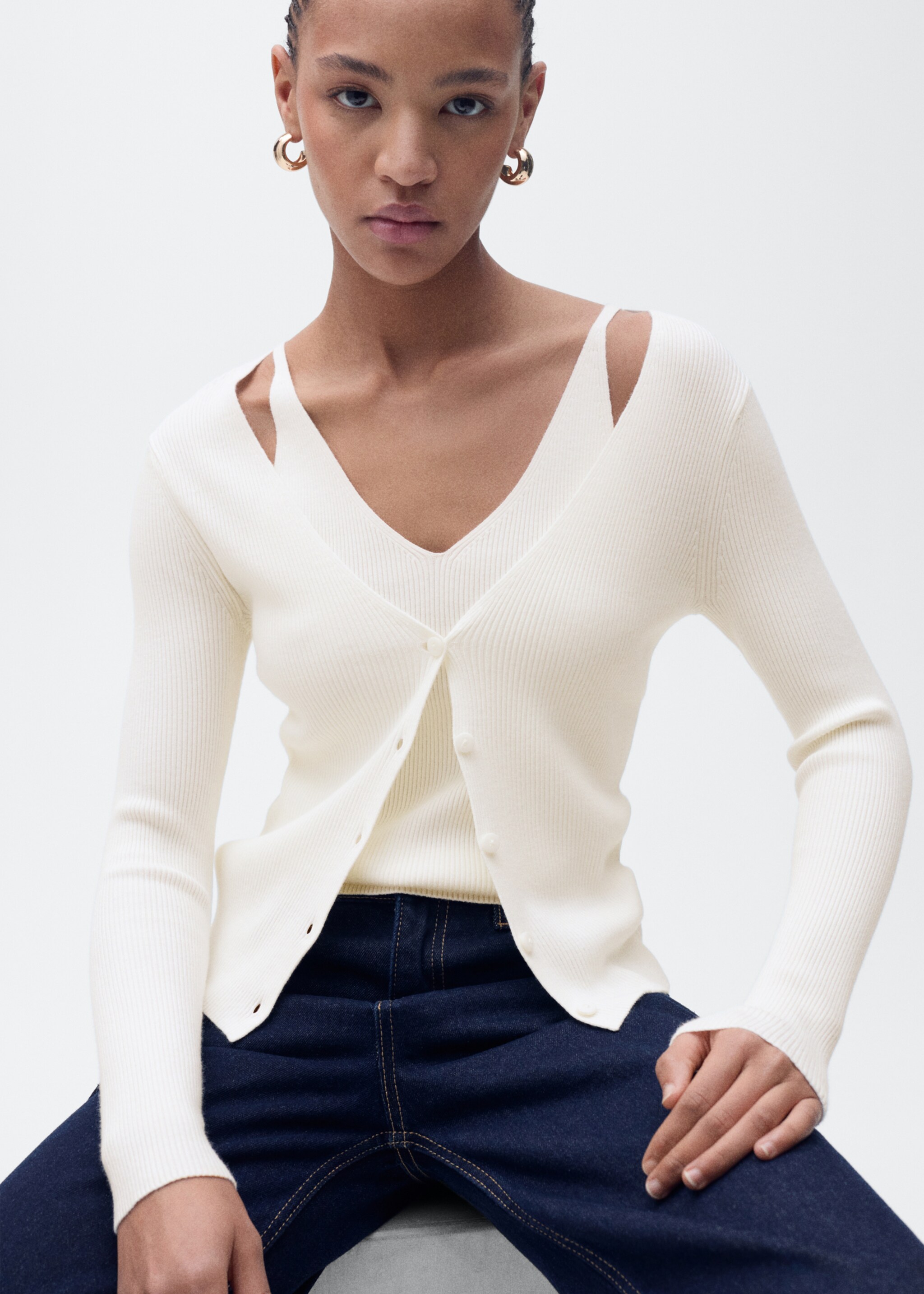 Cardigan maille col V combiné - Plan moyen, Écru. Ref: 87025752-00.