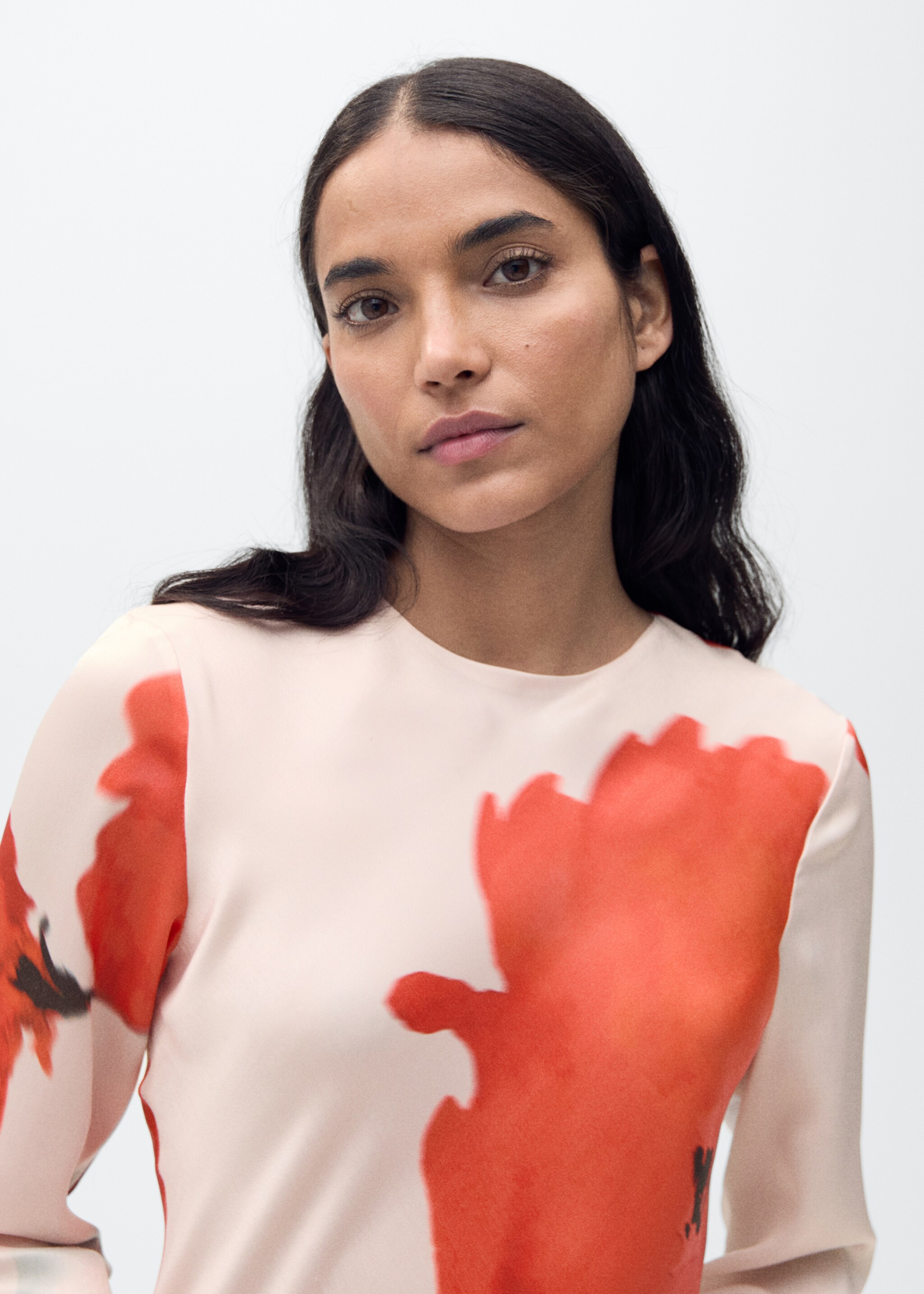 Satin dress with floral print - Details of the article 1, Pastel Pink. Ref: 87025755-00.