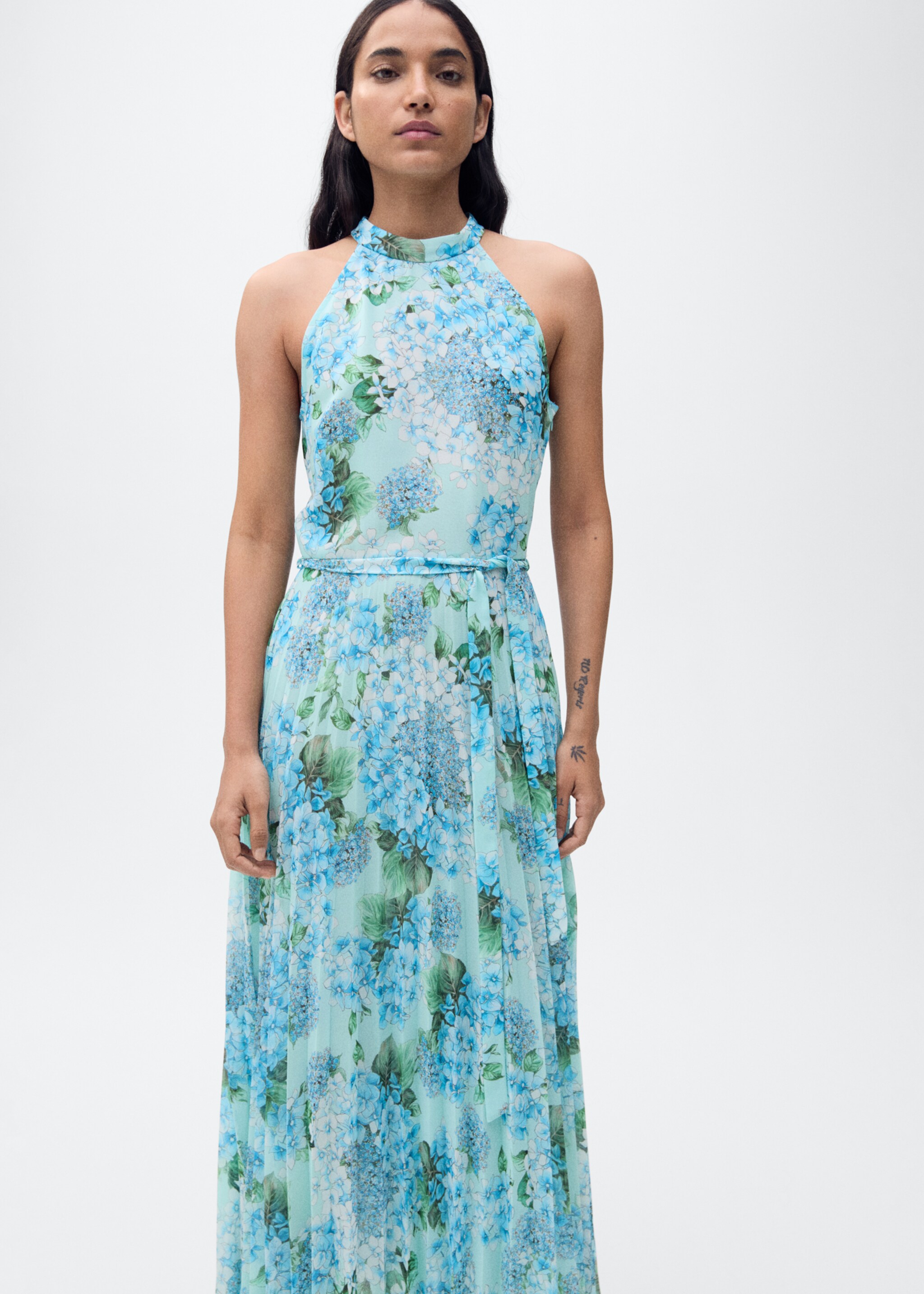 Floral-print pleated dress - Medium plane, Blue. Ref: 87025756-00.