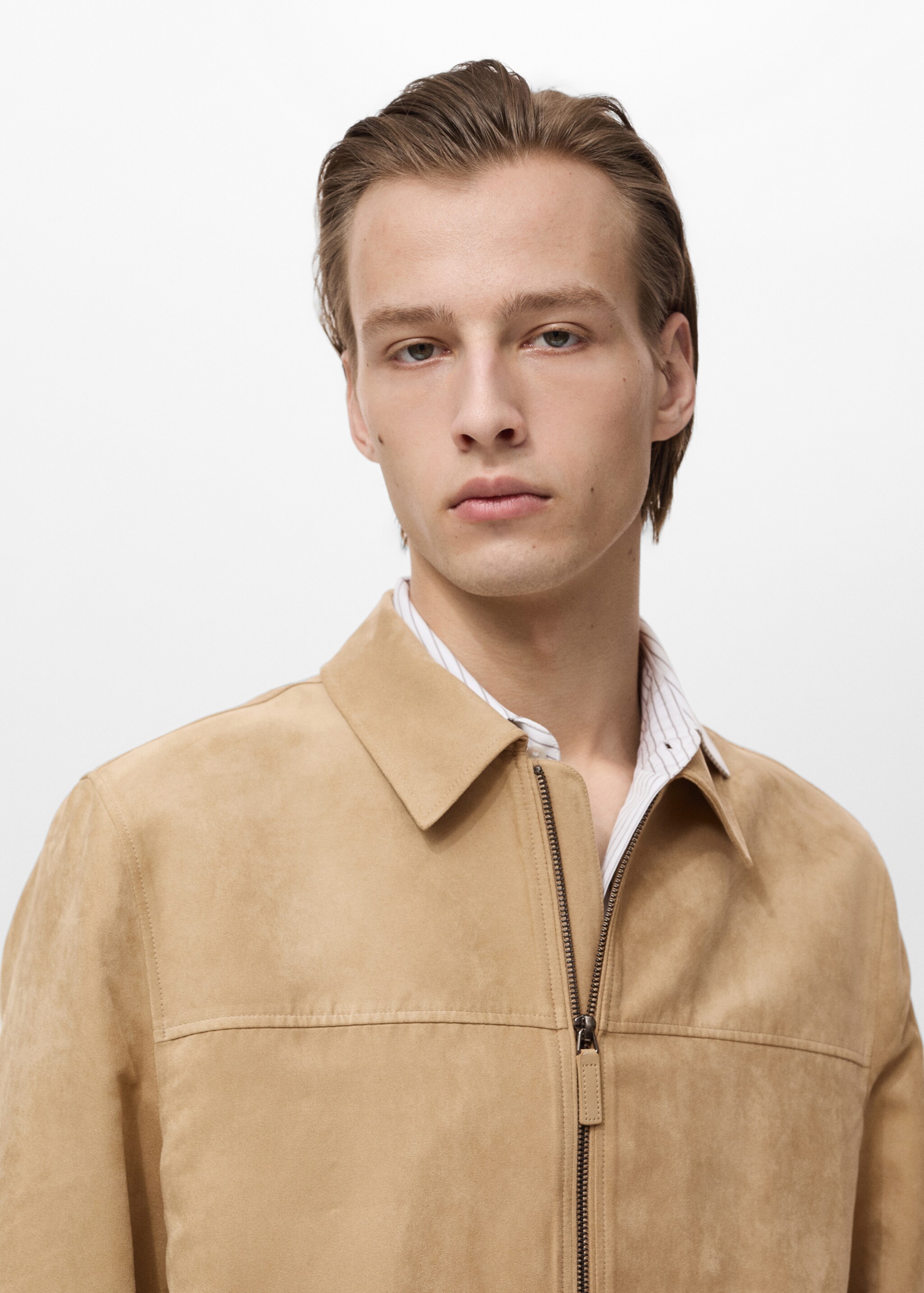 Suede-effect jacket with zip - Details of the article 1, Beige. Ref: 87025917-00.