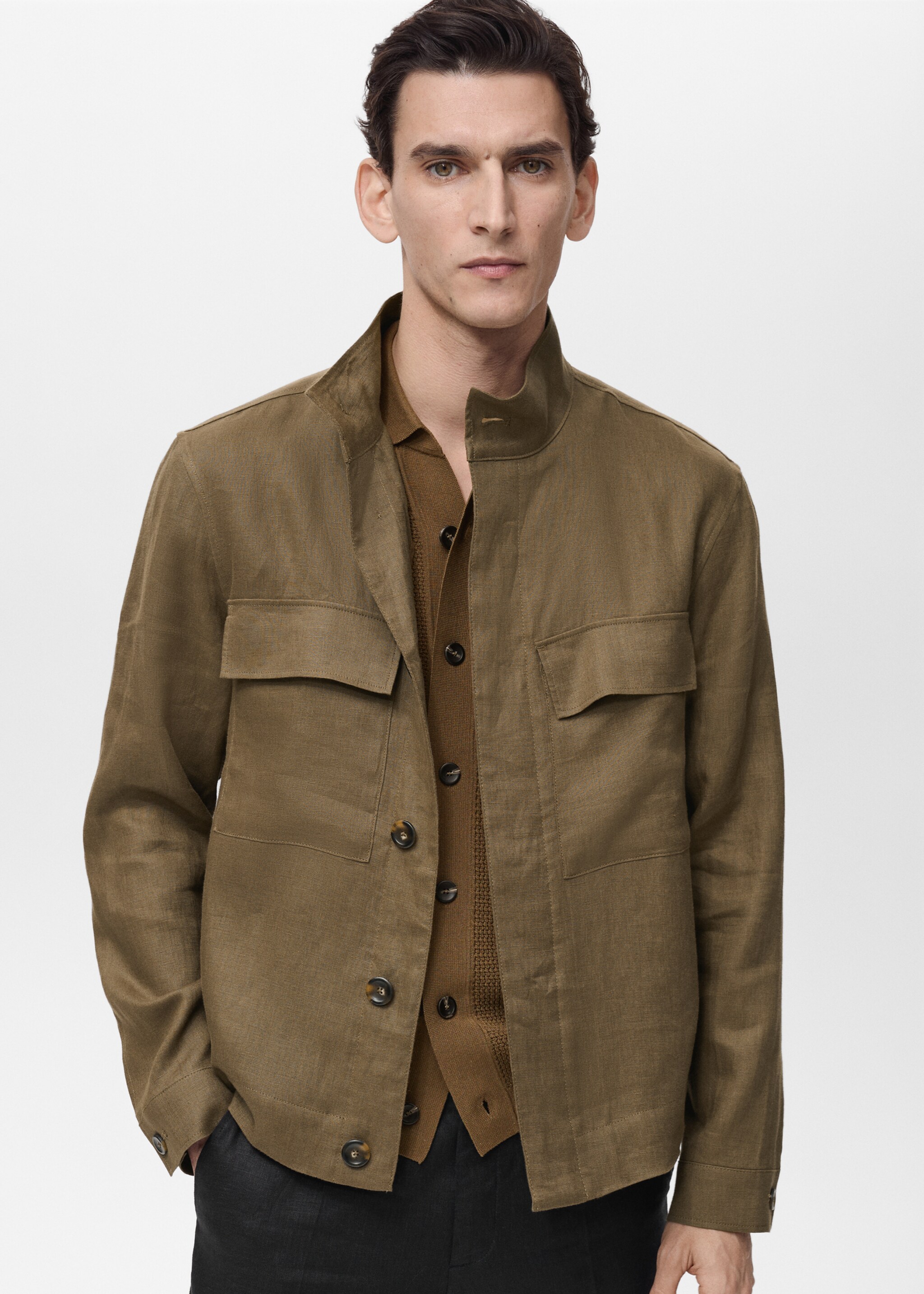 100% linen turtleneck jacket - Medium plane, Khaki. Ref: 87025920-00.