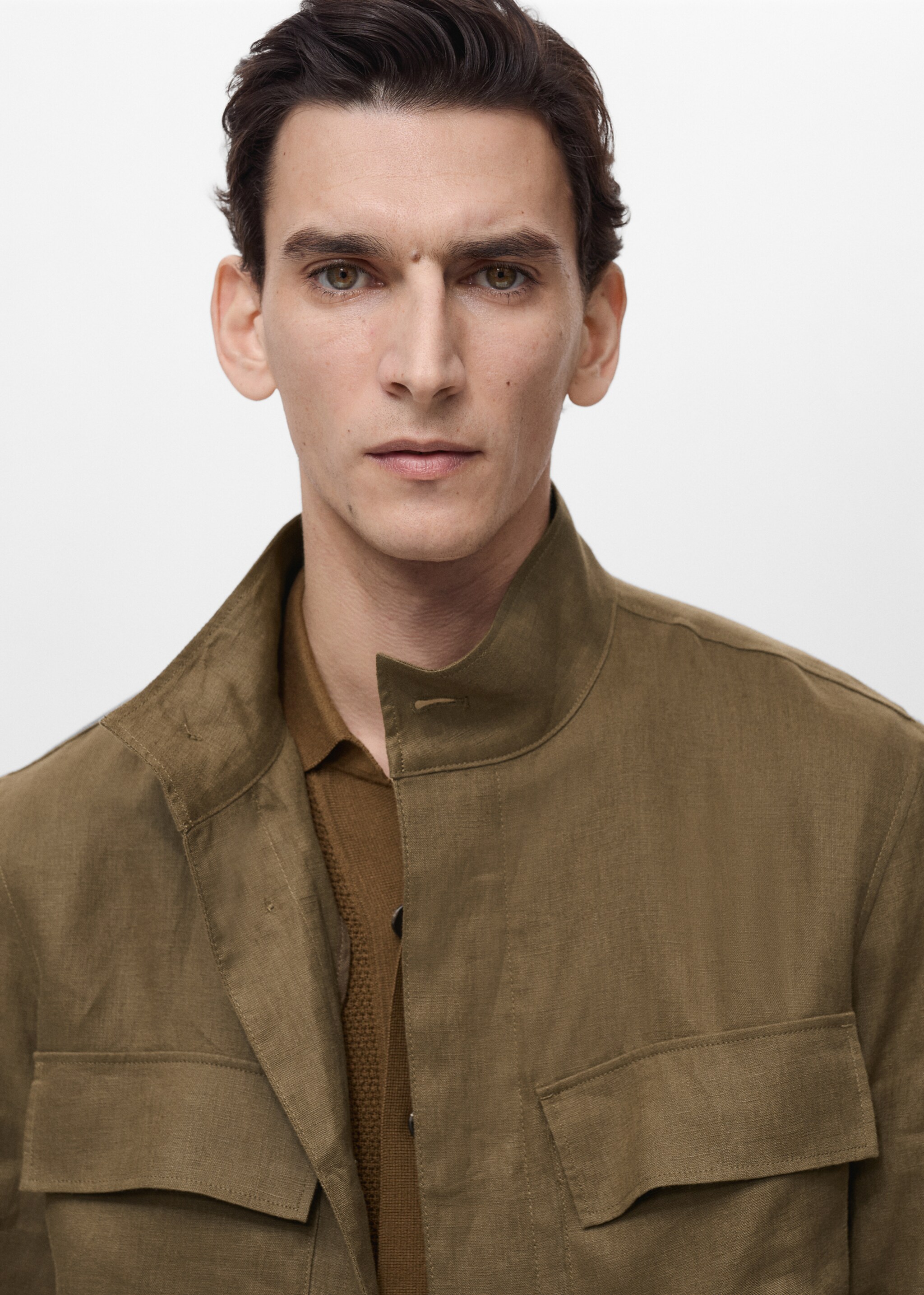 100% linen turtleneck jacket - Details of the article 1, Khaki. Ref: 87025920-00.