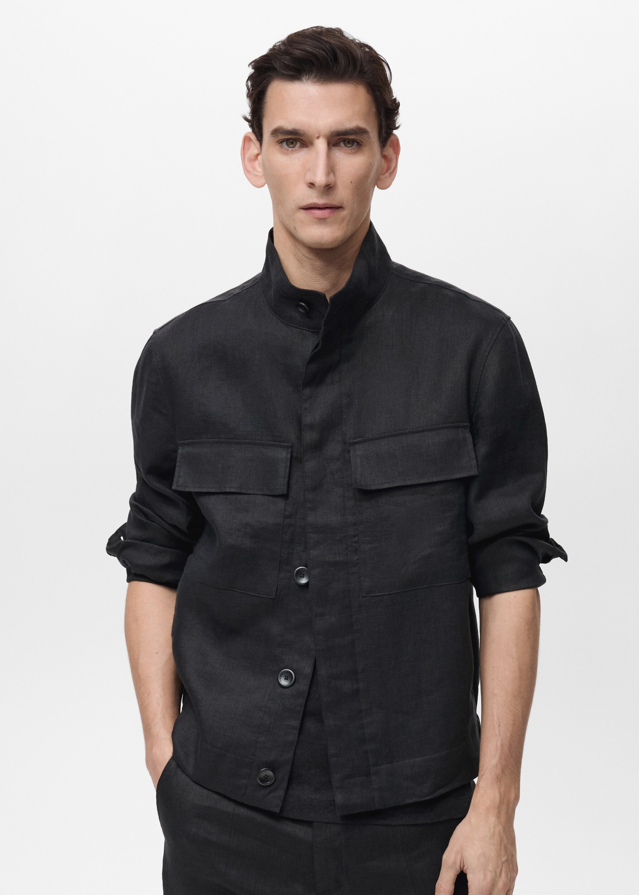 100% linen turtleneck jacket - Medium plane, Black. Ref: 87025920-00.