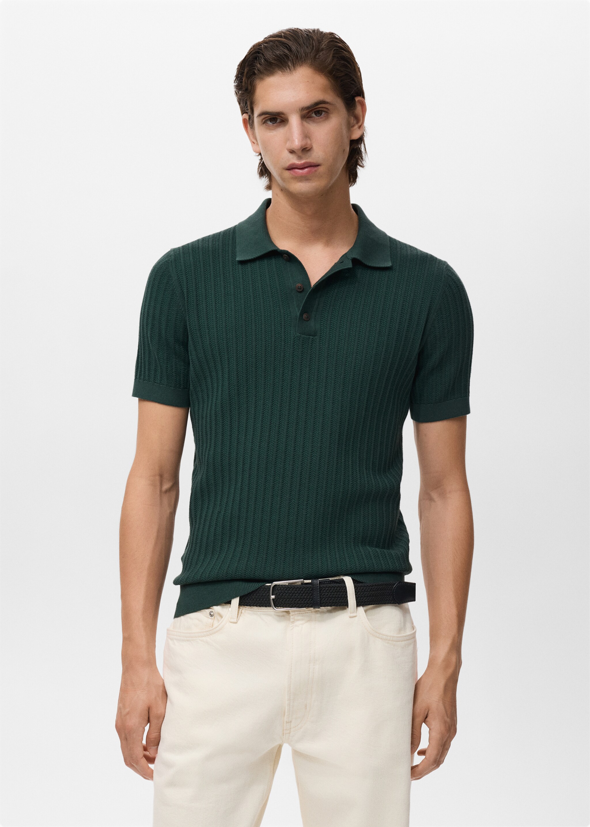 Fine-knit herringbone polo shirt - Medium plane, Dark Green. Ref: 87025938-00.