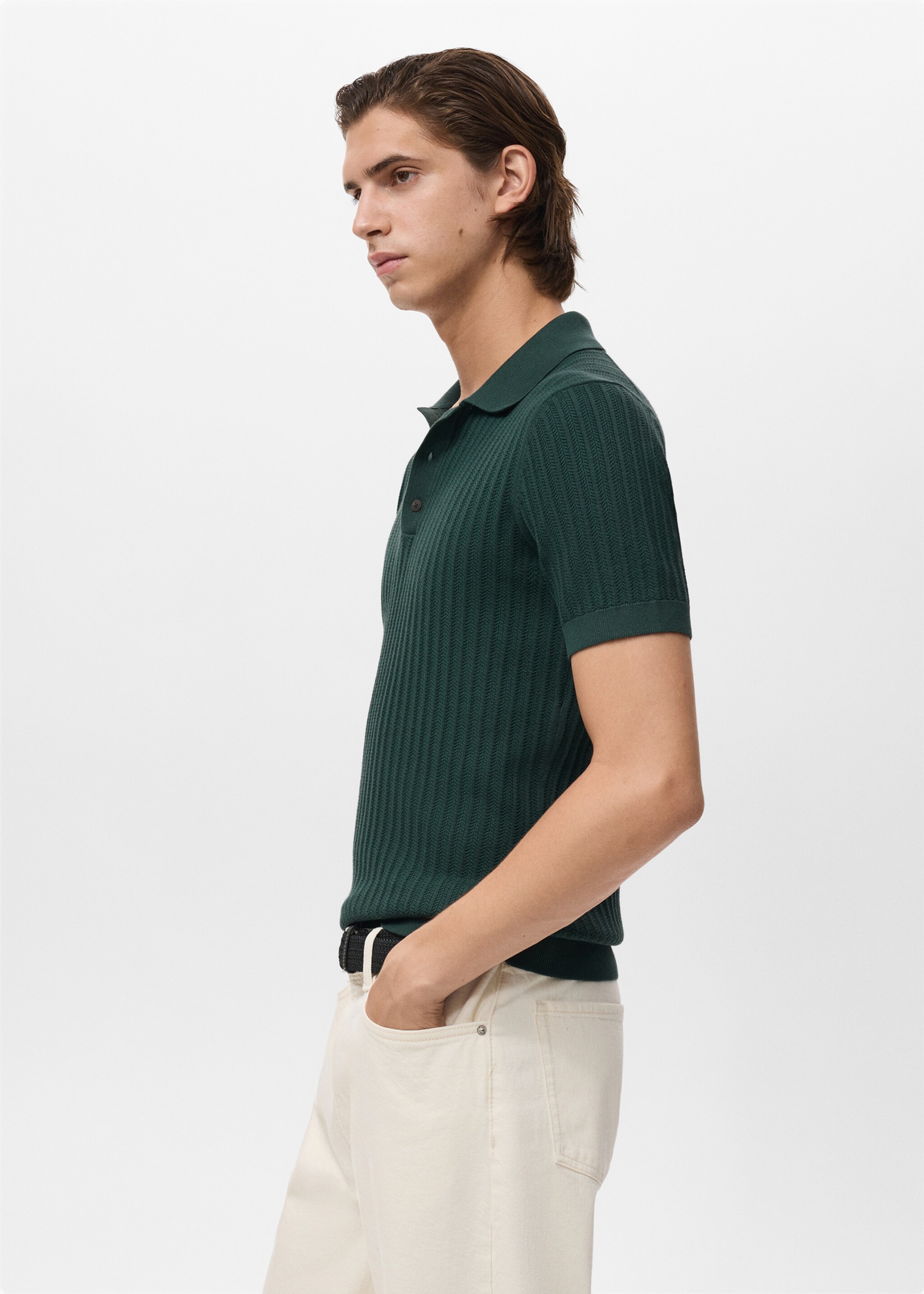 Fine-knit herringbone polo shirt - Details of the article 2, Dark Green. Ref: 87025938-00.