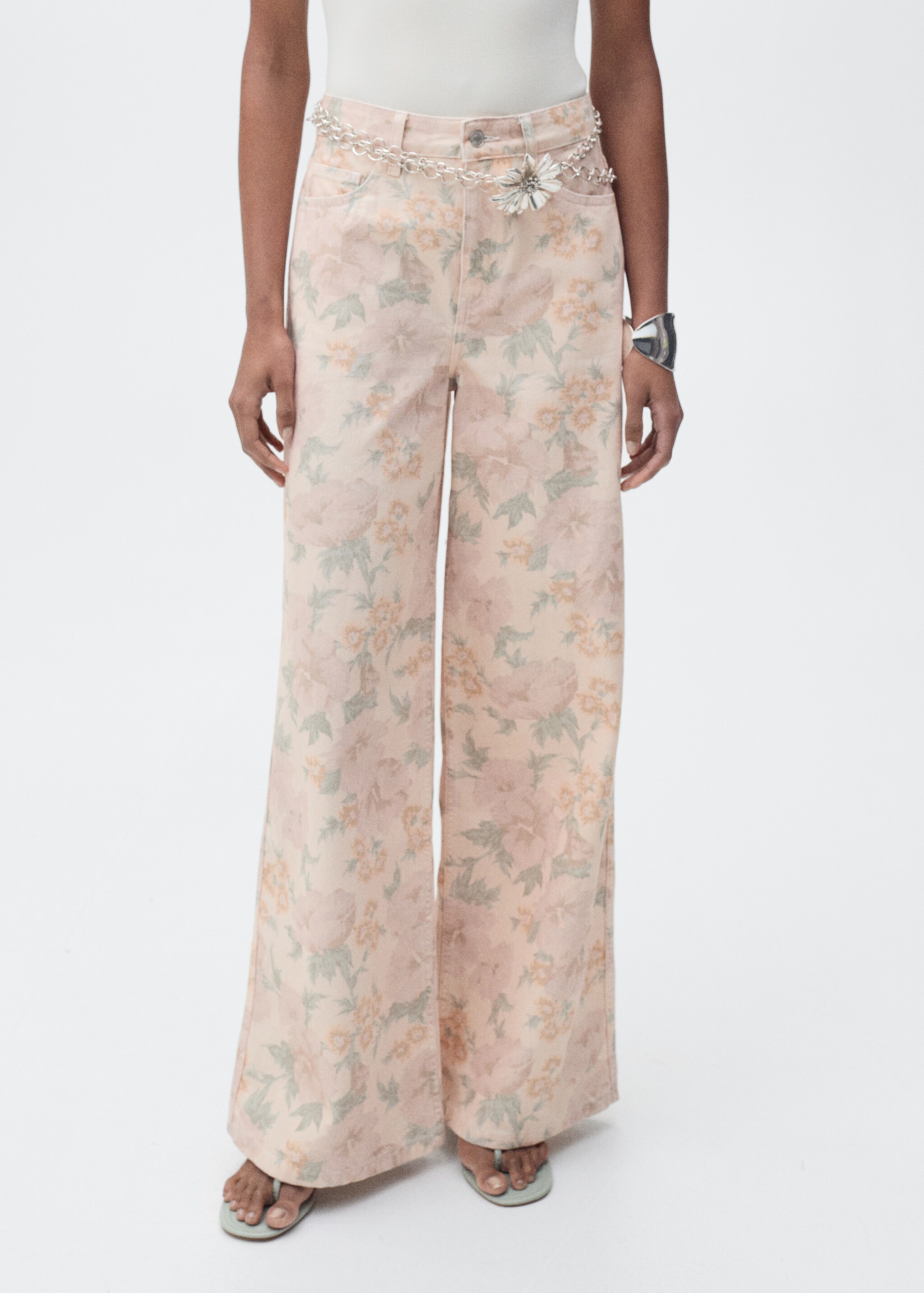 Floral-print wide leg jeans - Medium plane, Pastel Pink. Ref: 87025995-00.