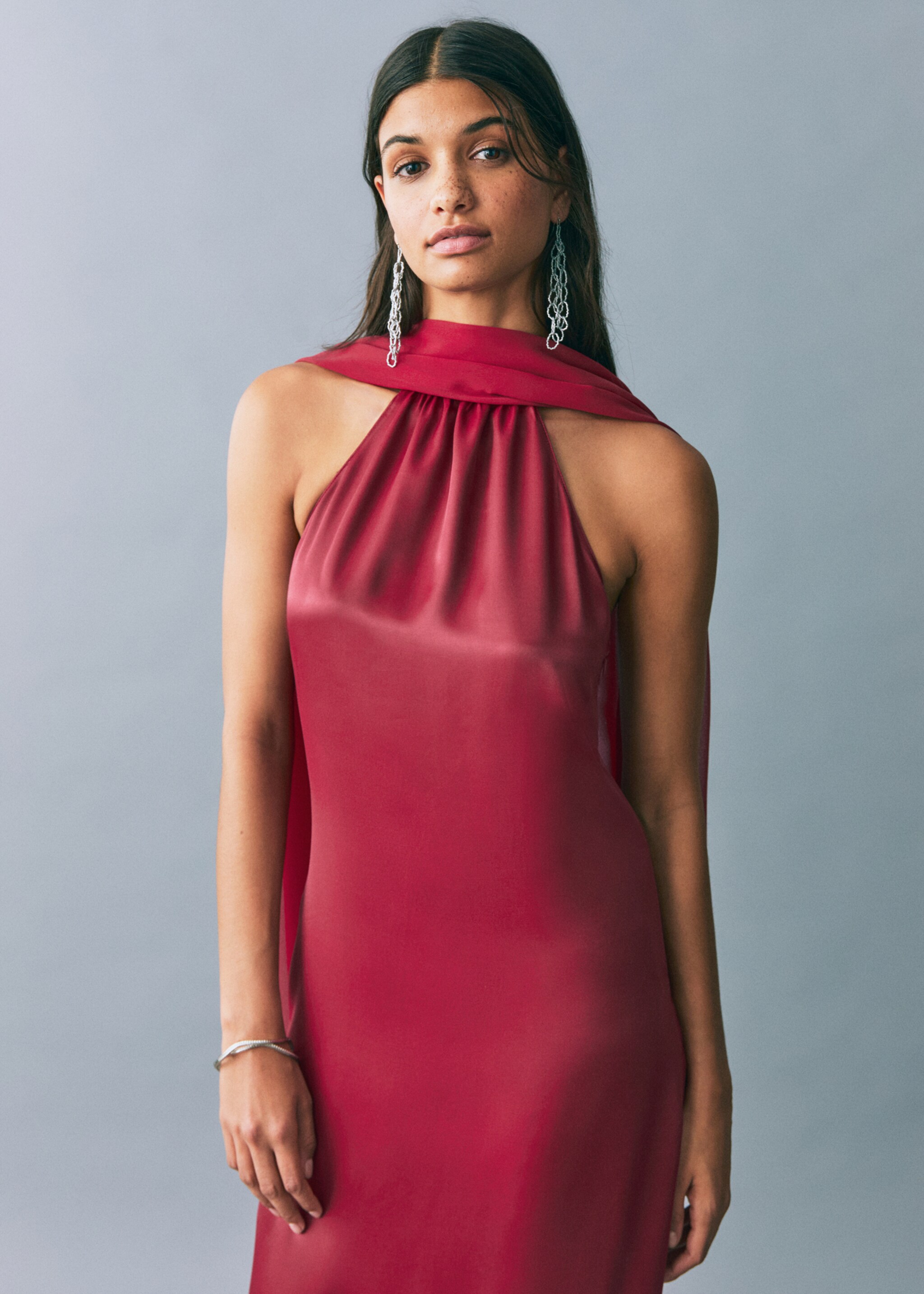 Satin halter neck dress - Medium plane, Maroon. Ref: 87026364-00.