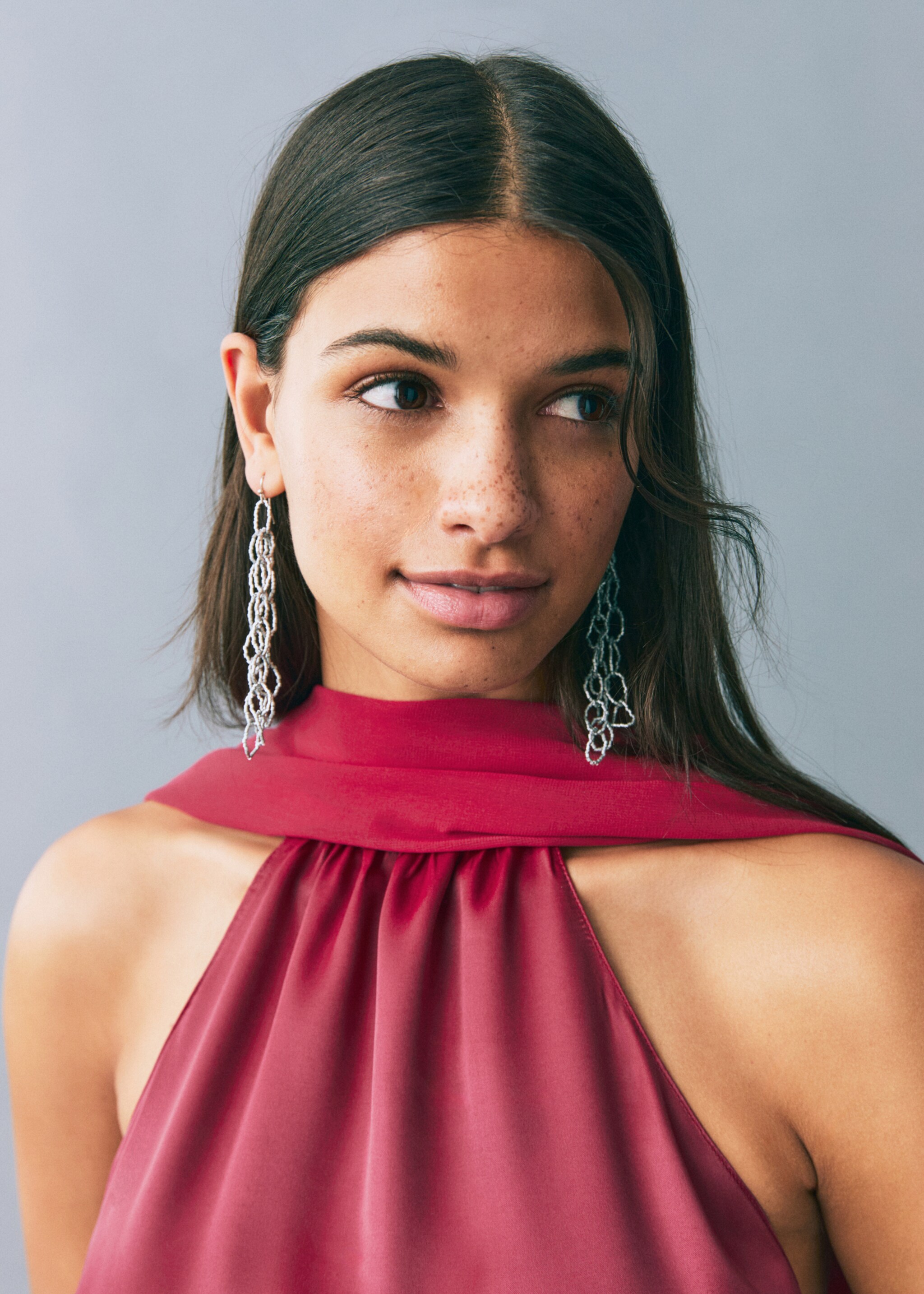 Satin halter neck dress - Details of the article 1, Maroon. Ref: 87026364-00.