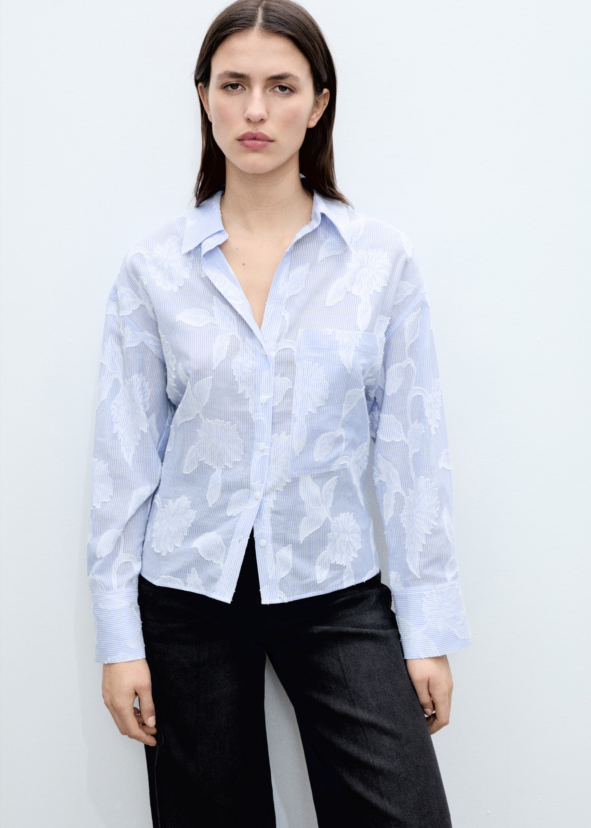 Embroidered oversized striped shirt - Medium plane, Sky Blue. Ref: 87027179-00.